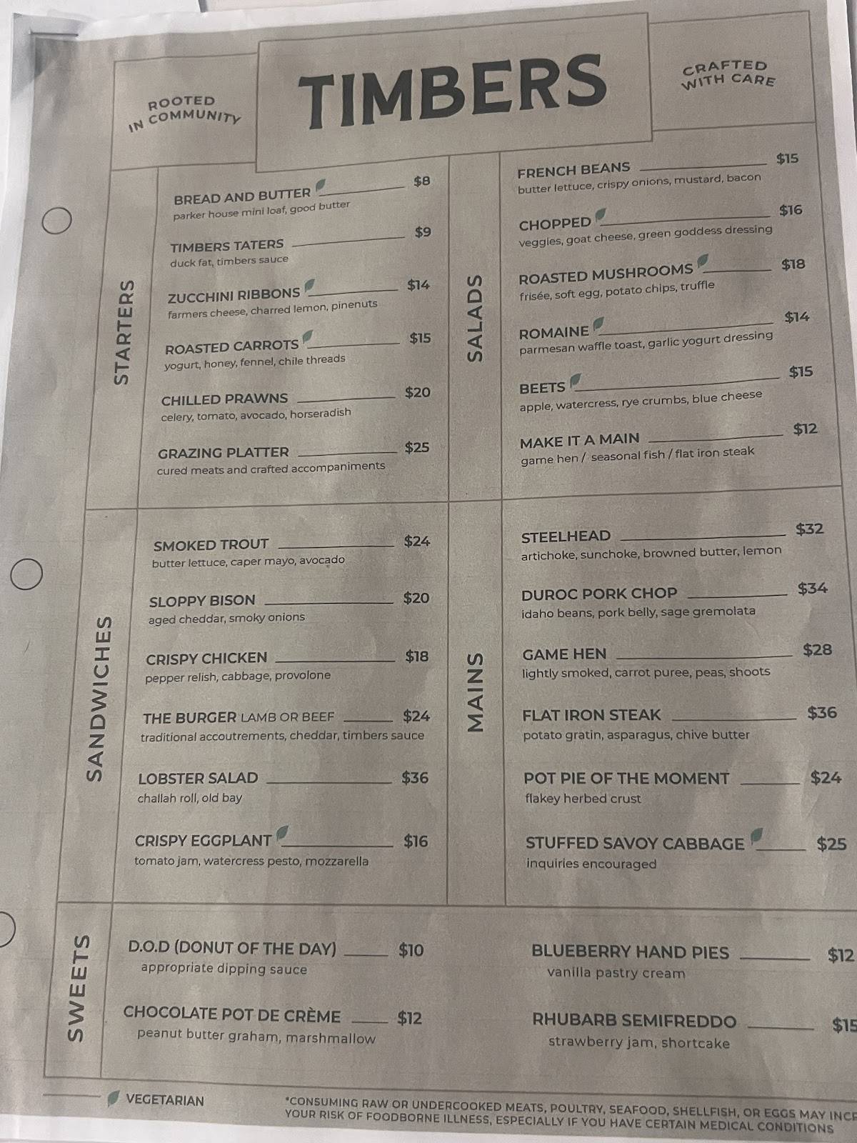 Timbers Restaurant меню