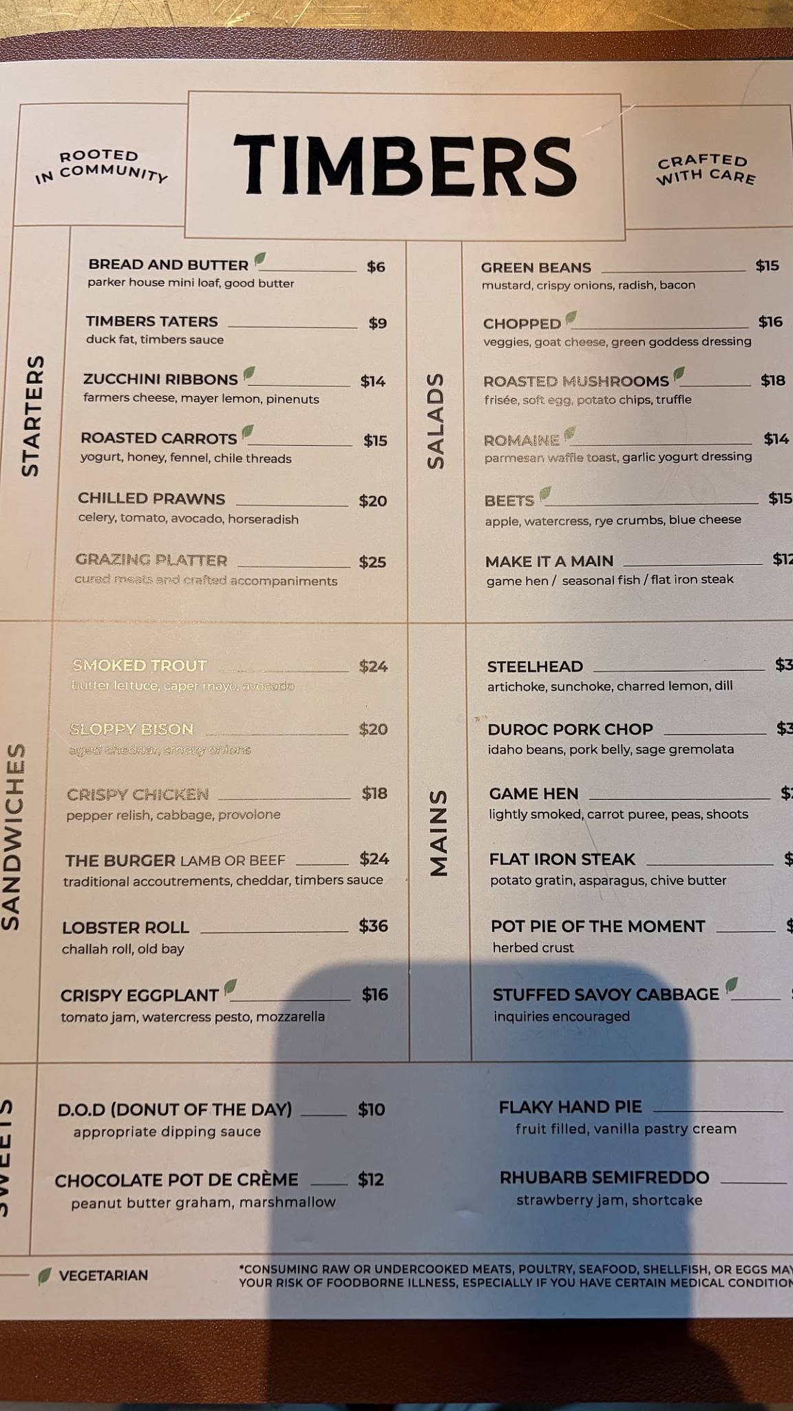 Timbers Restaurant меню