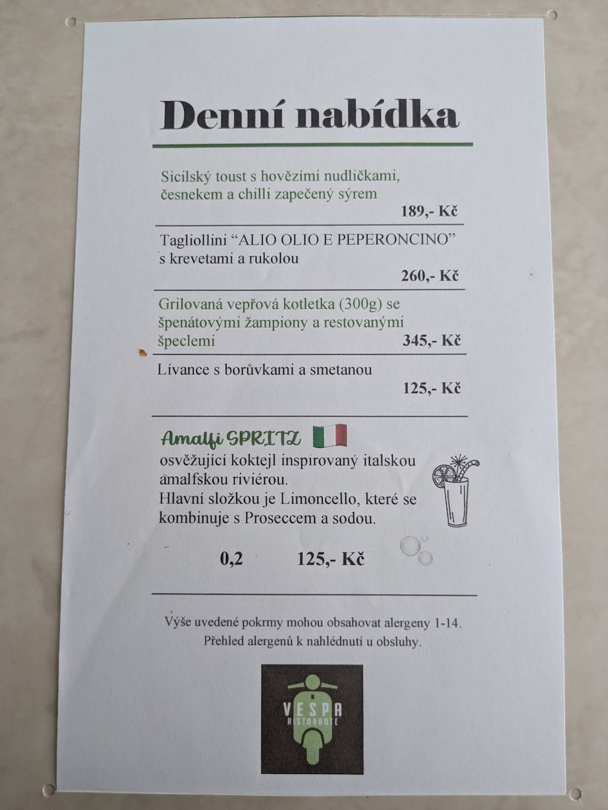 VESPA Ristorante меню