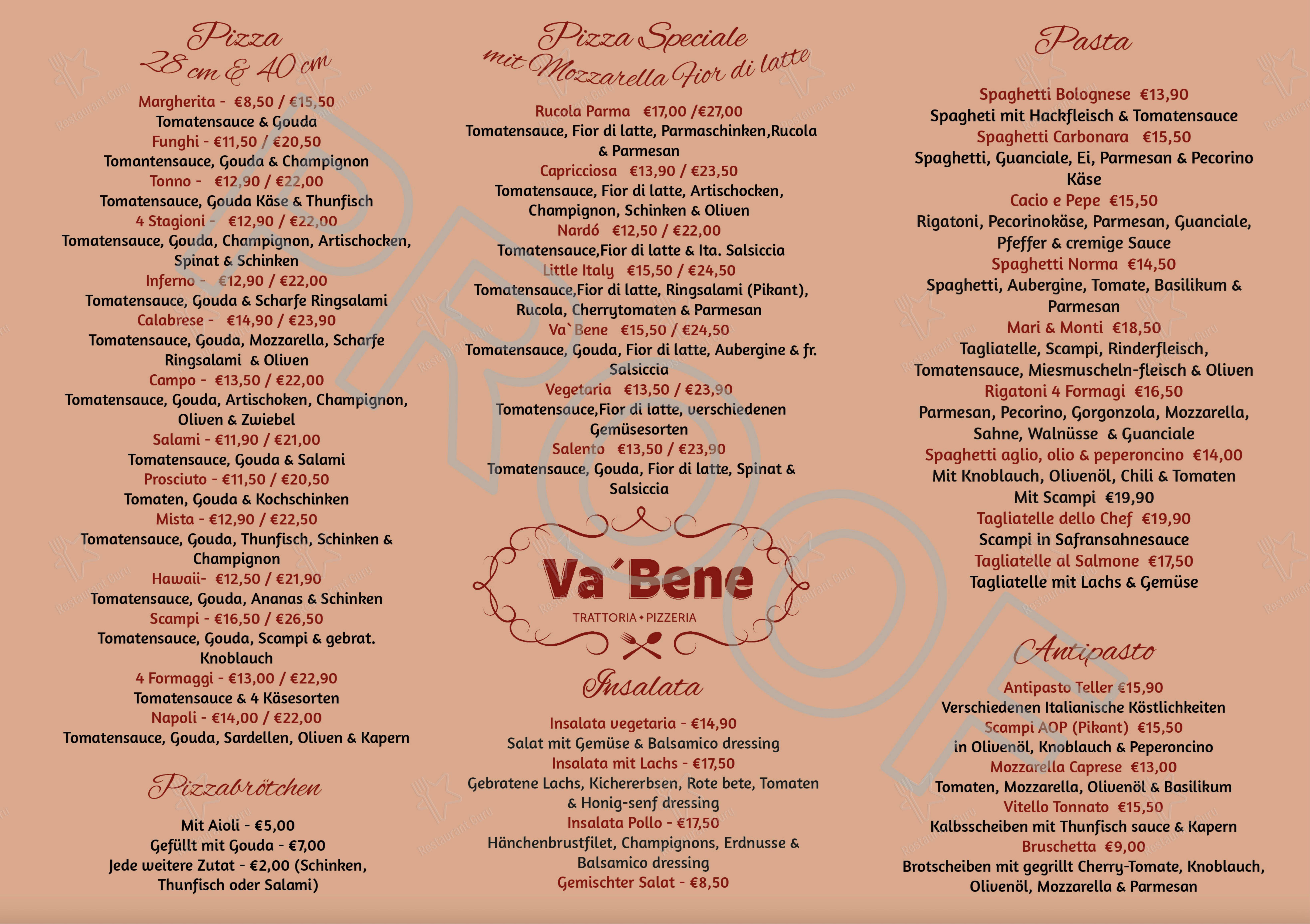 Меню напитков ресторана Va'Bene to-go в Хане