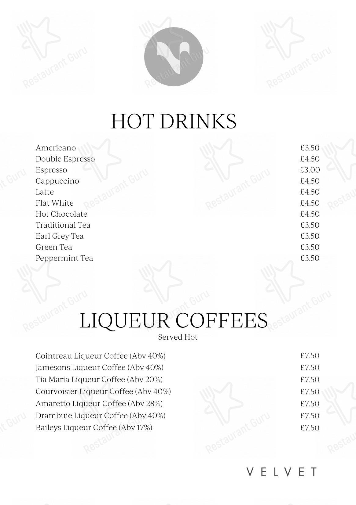 Основное меню паба и бара Velvet Hotel, Bar & Brasserie в Манчестере