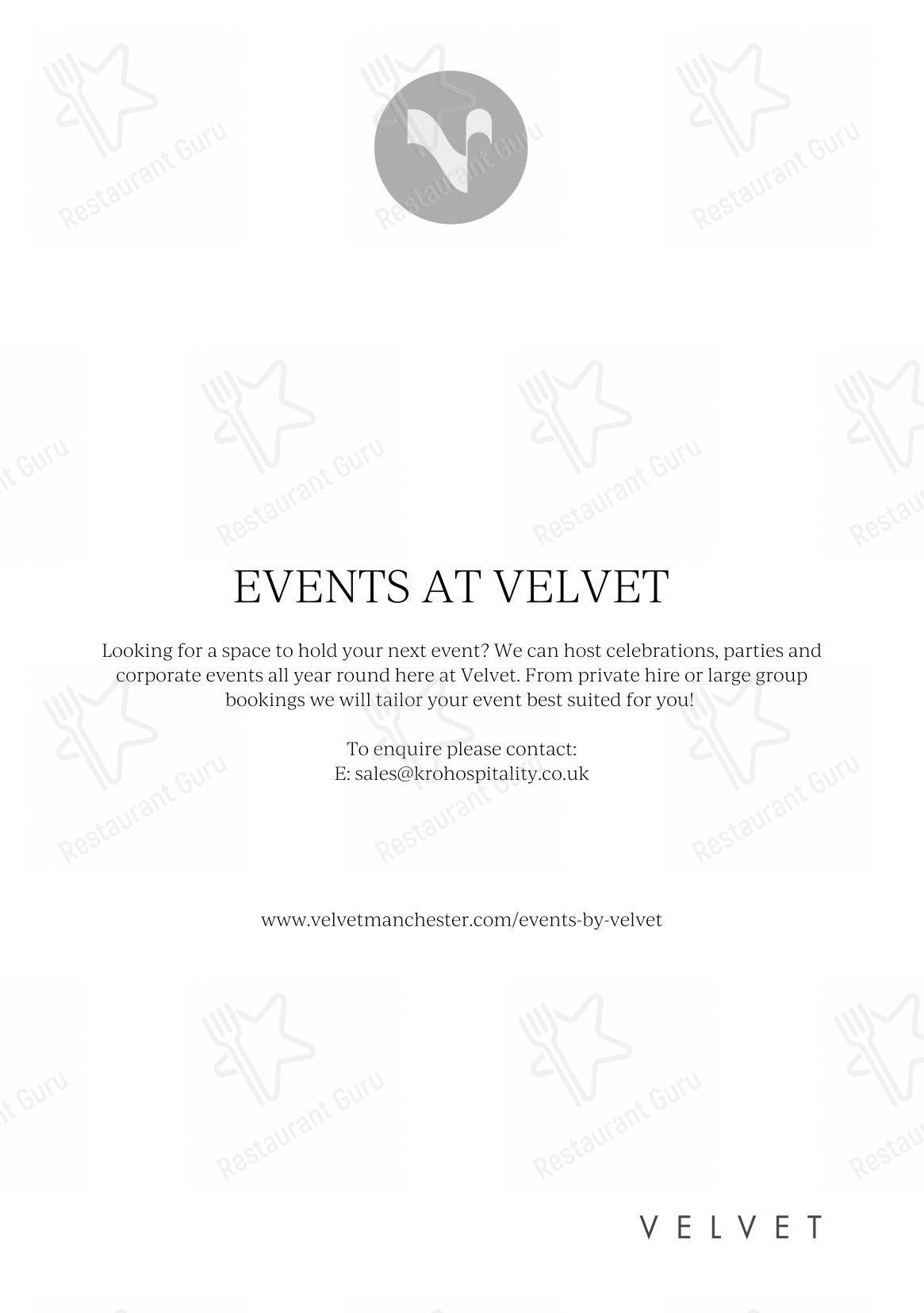 Velvet Hotel, Bar & Brasserie в Манчестере - Основное меню