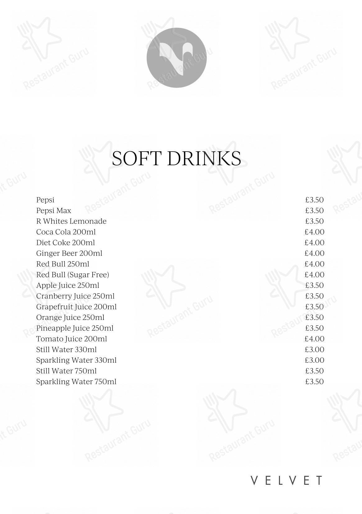 Velvet Hotel, Bar & Brasserie в Манчестере - Основное меню