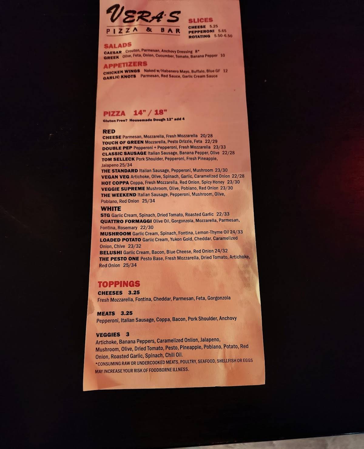 Vera's Pizza and Bar меню