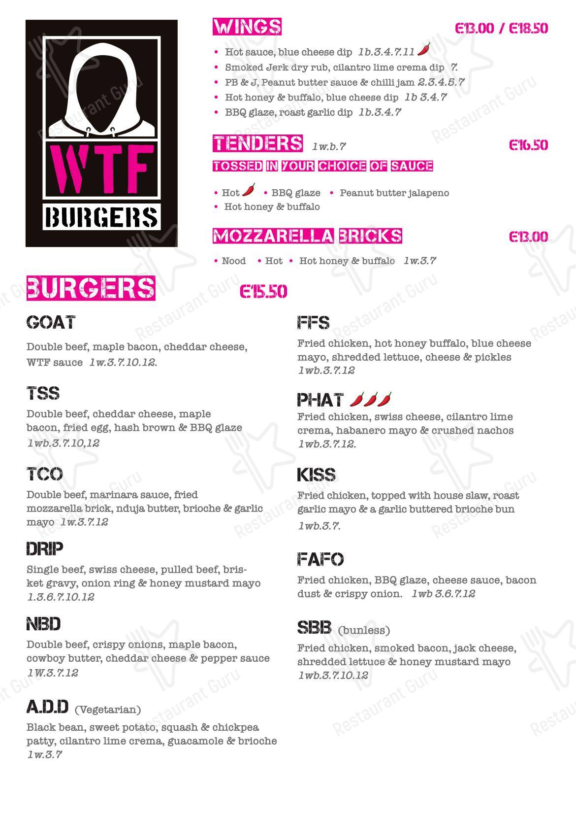 菜单 ресторана WTF Burgers в Ратоте