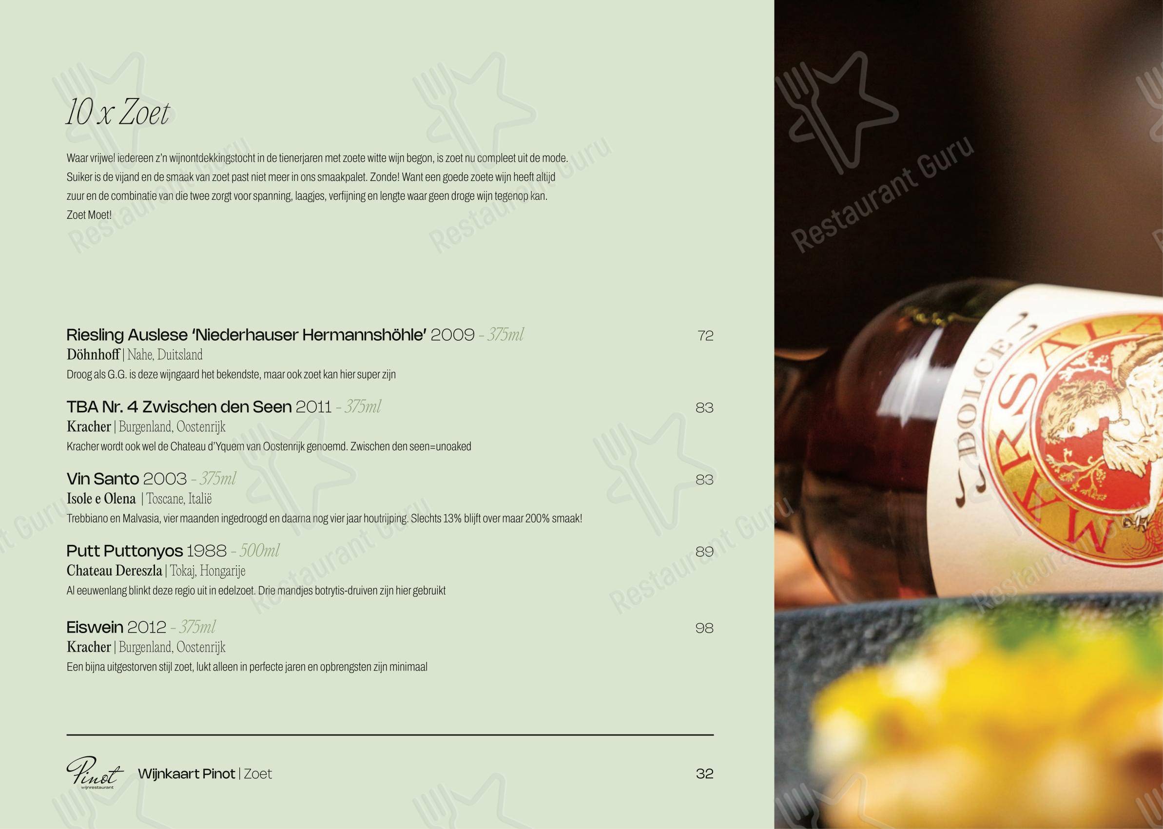 Меню для посетителей паба и бара Wijnrestaurant Pinot