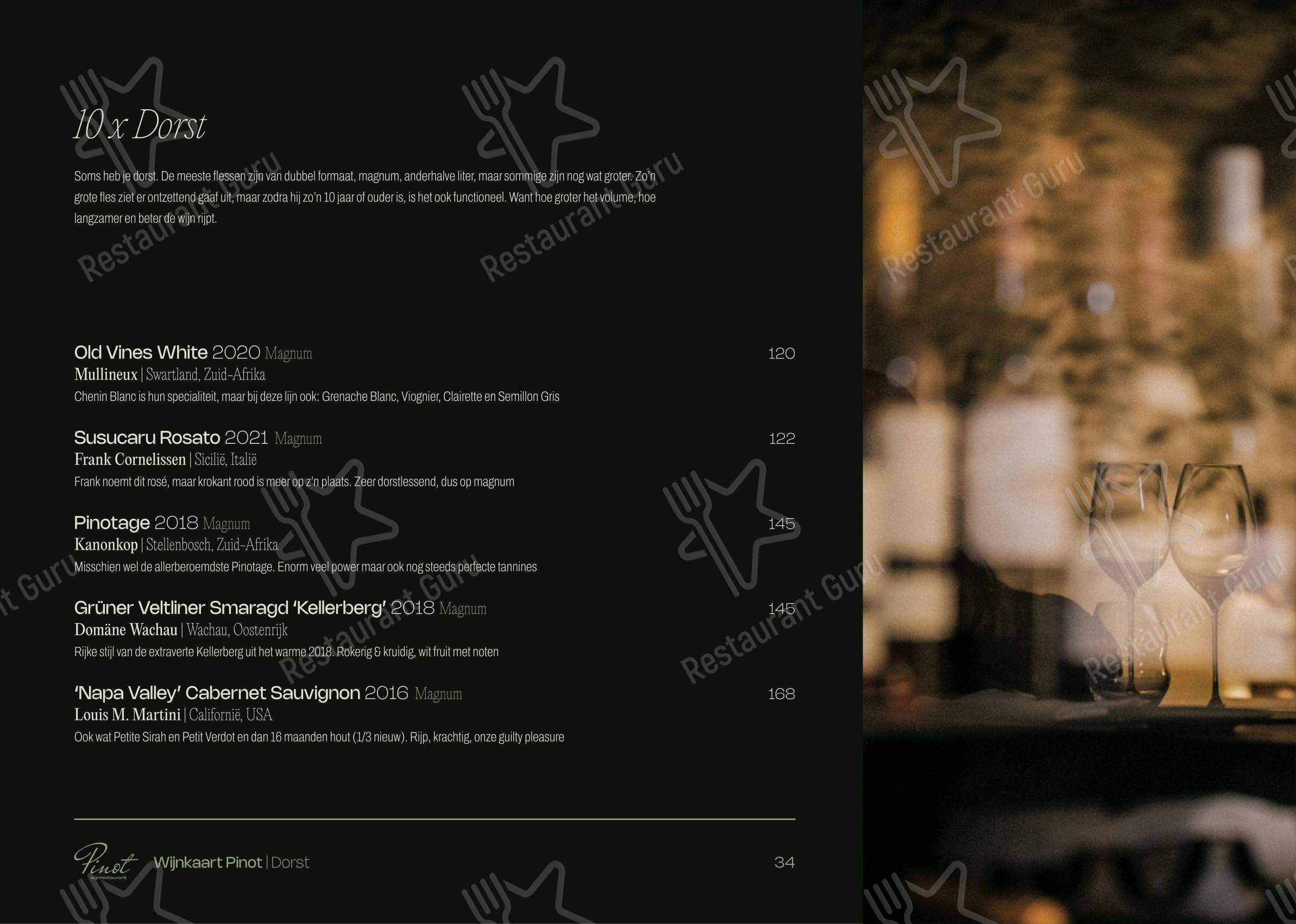 Меню для посетителей паба и бара Wijnrestaurant Pinot