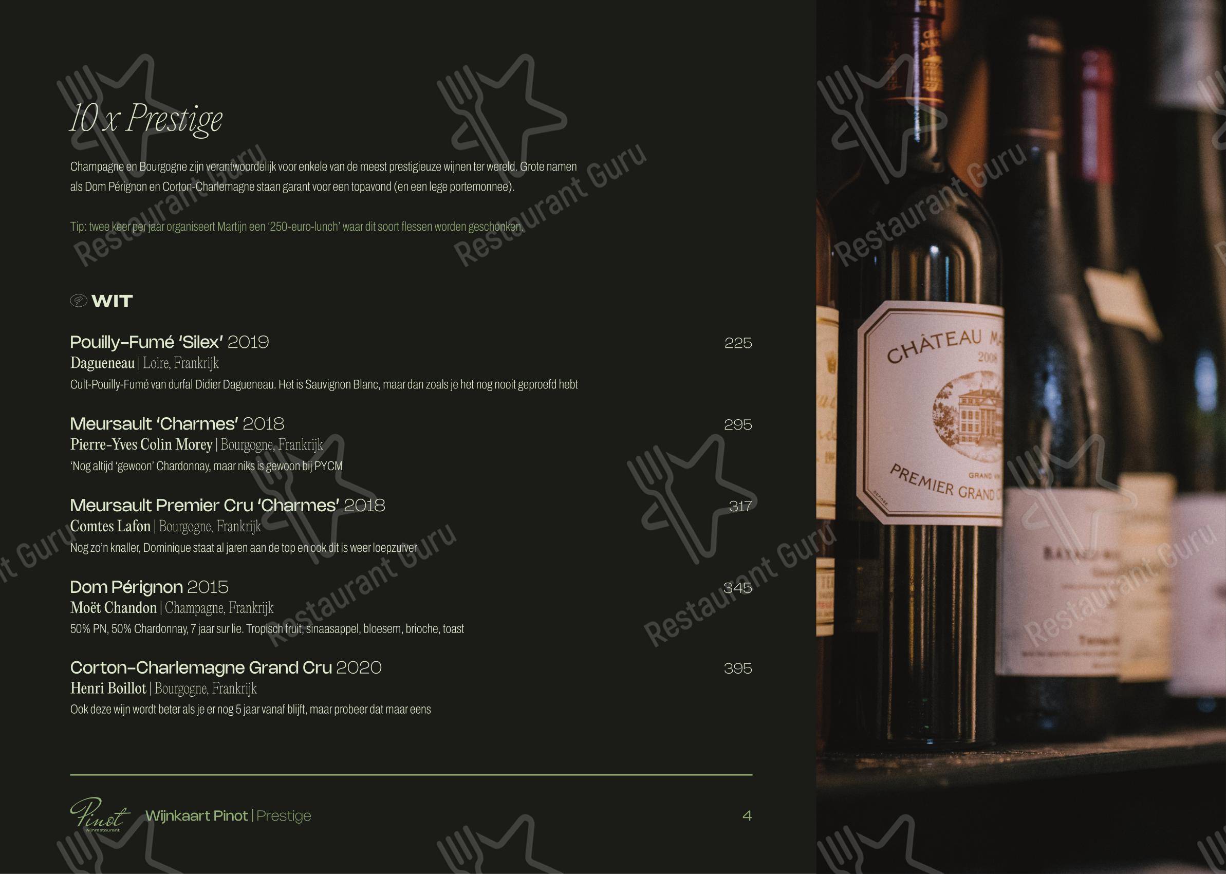 Меню напитков паба и бара Wijnrestaurant Pinot