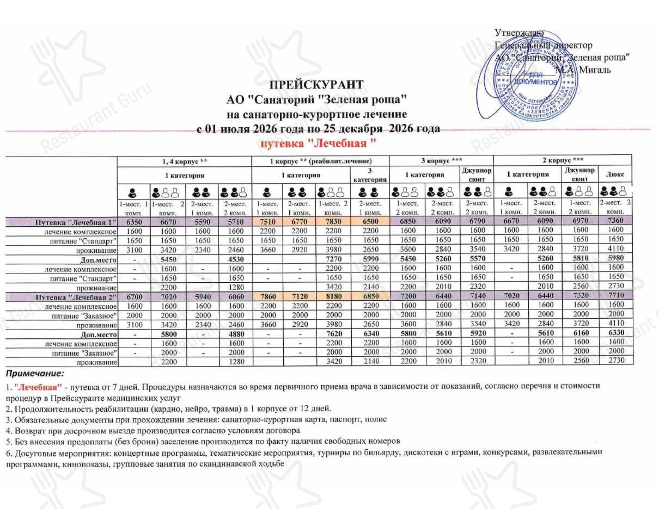Зеленая роща в Уфе - Меню