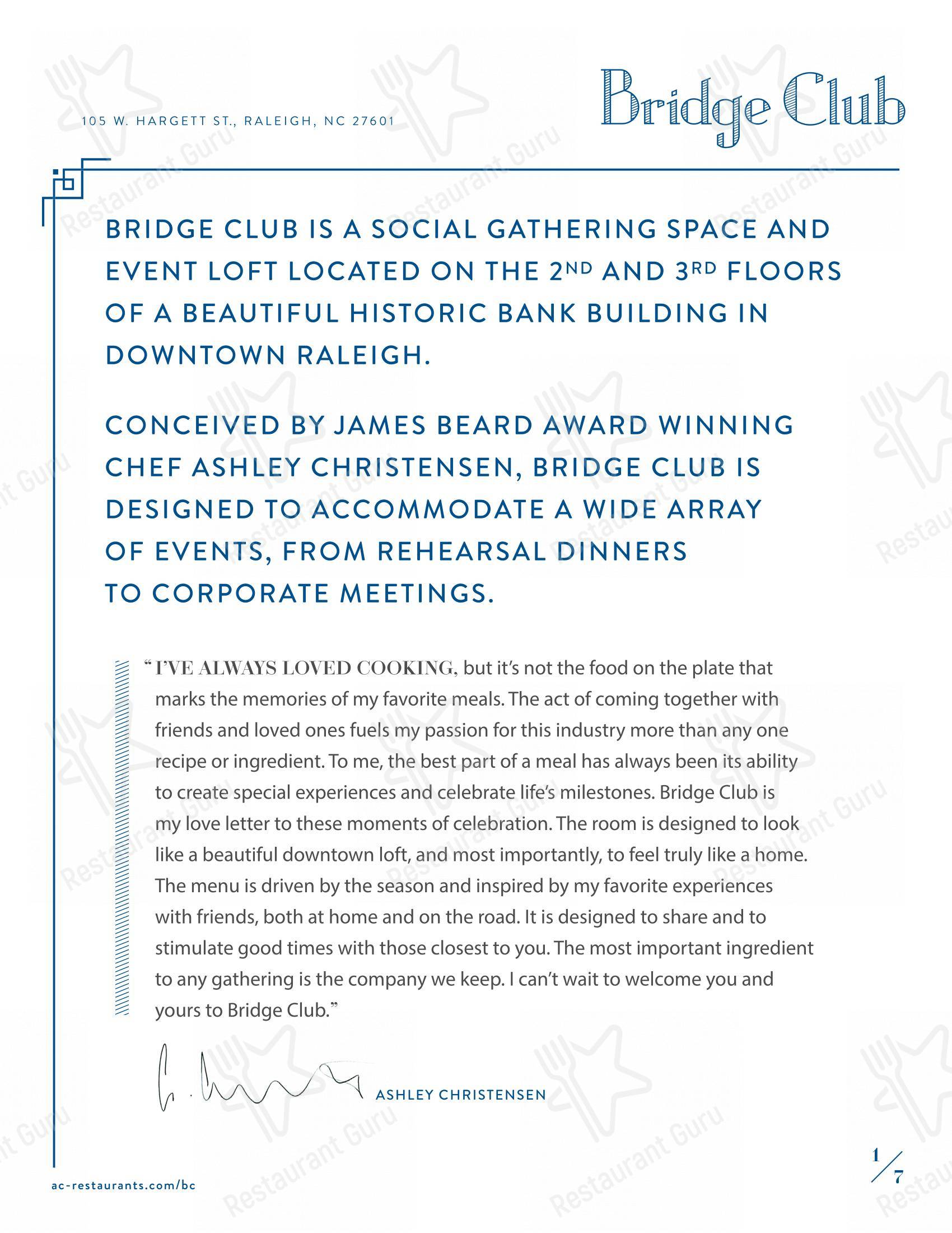 Меню ресторана bridge club в Ролях