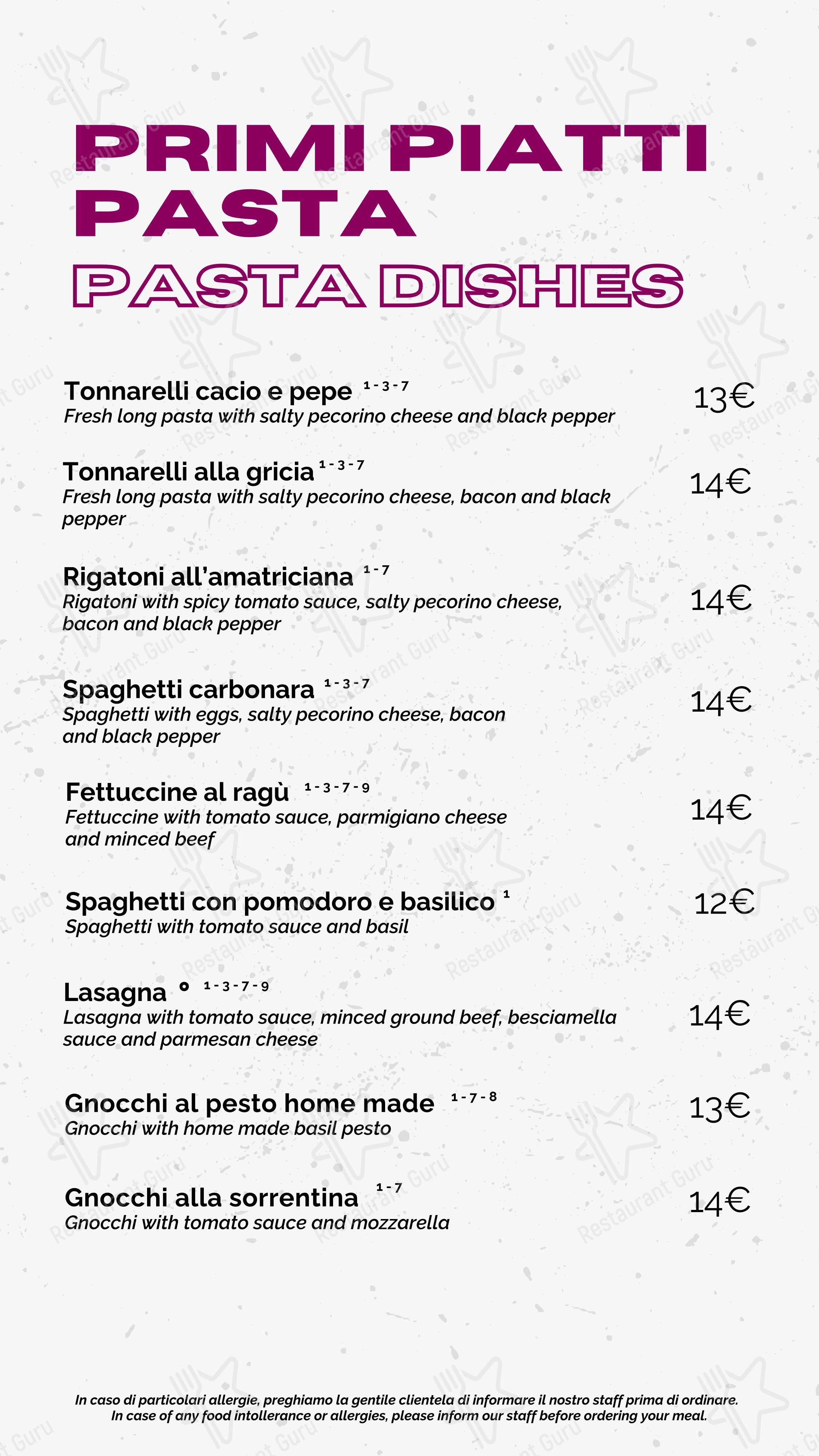 Lunch Menu паба и бара Coming Out в Риме