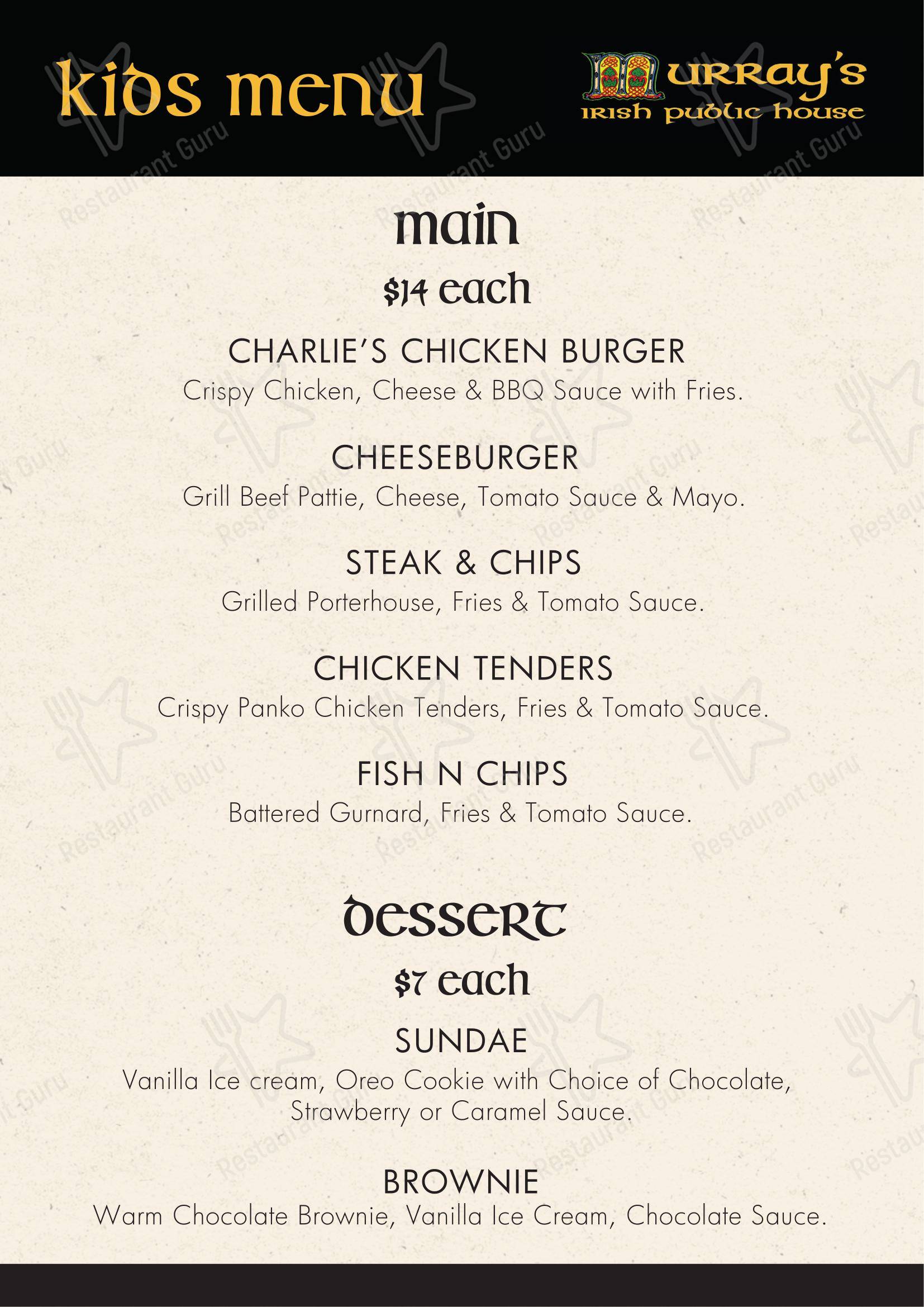 Takeaway Menu паба и бара Murray's Irish Bar в Фейлдинге