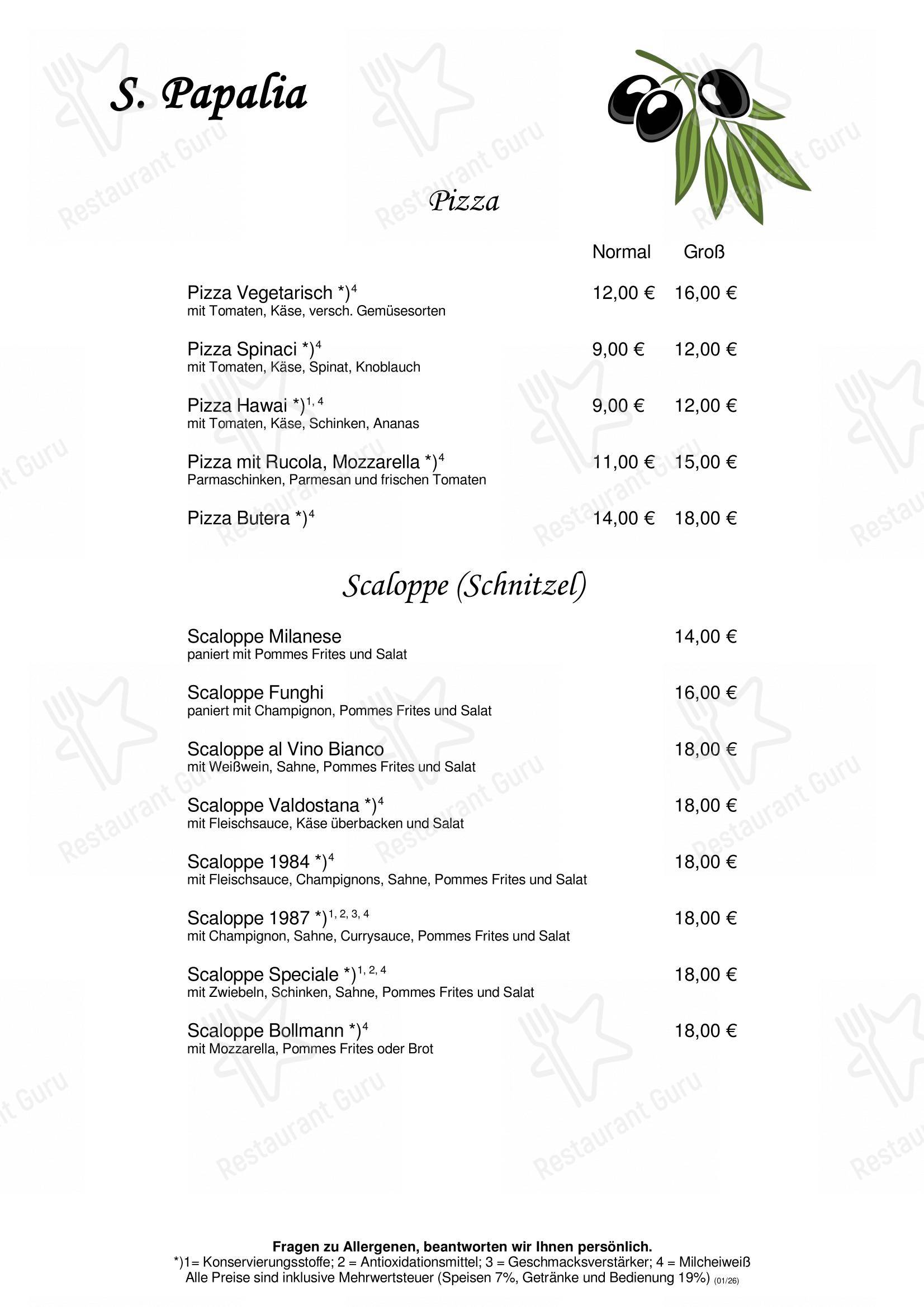 Меню ресторана S. Papalia Ristorante Pizzeria