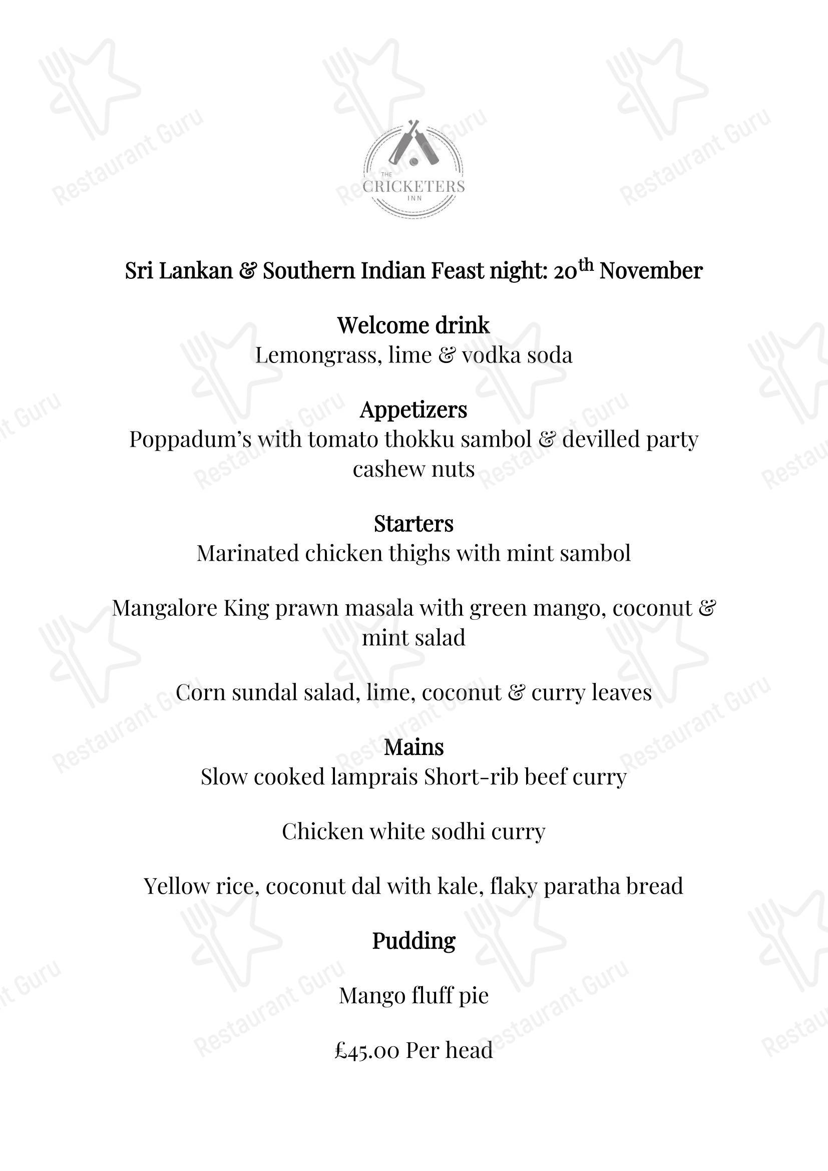 Catering Menu паба и бара The Cricketers Inn