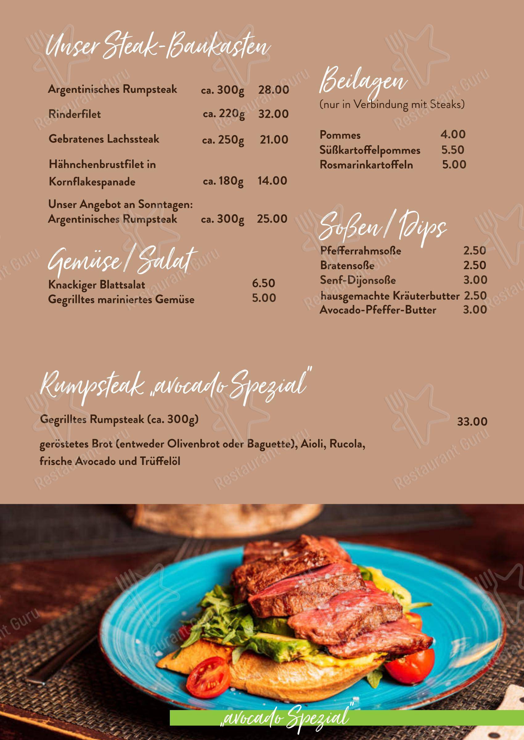 Меню напитков паба и бара avocado restaurant в Раштатте