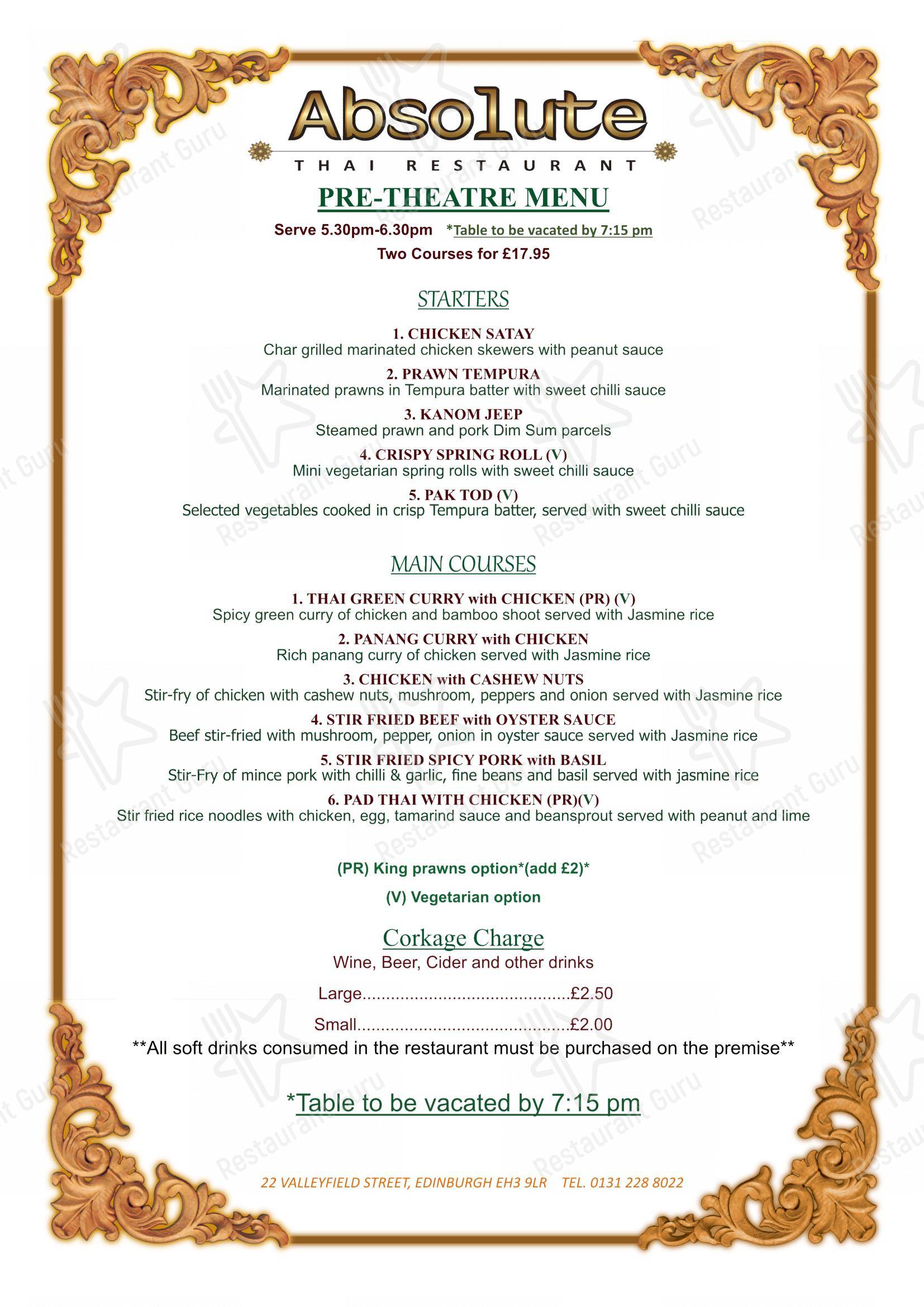 菜单 ресторана Absolute Thai Restaurant в Эдинбурге