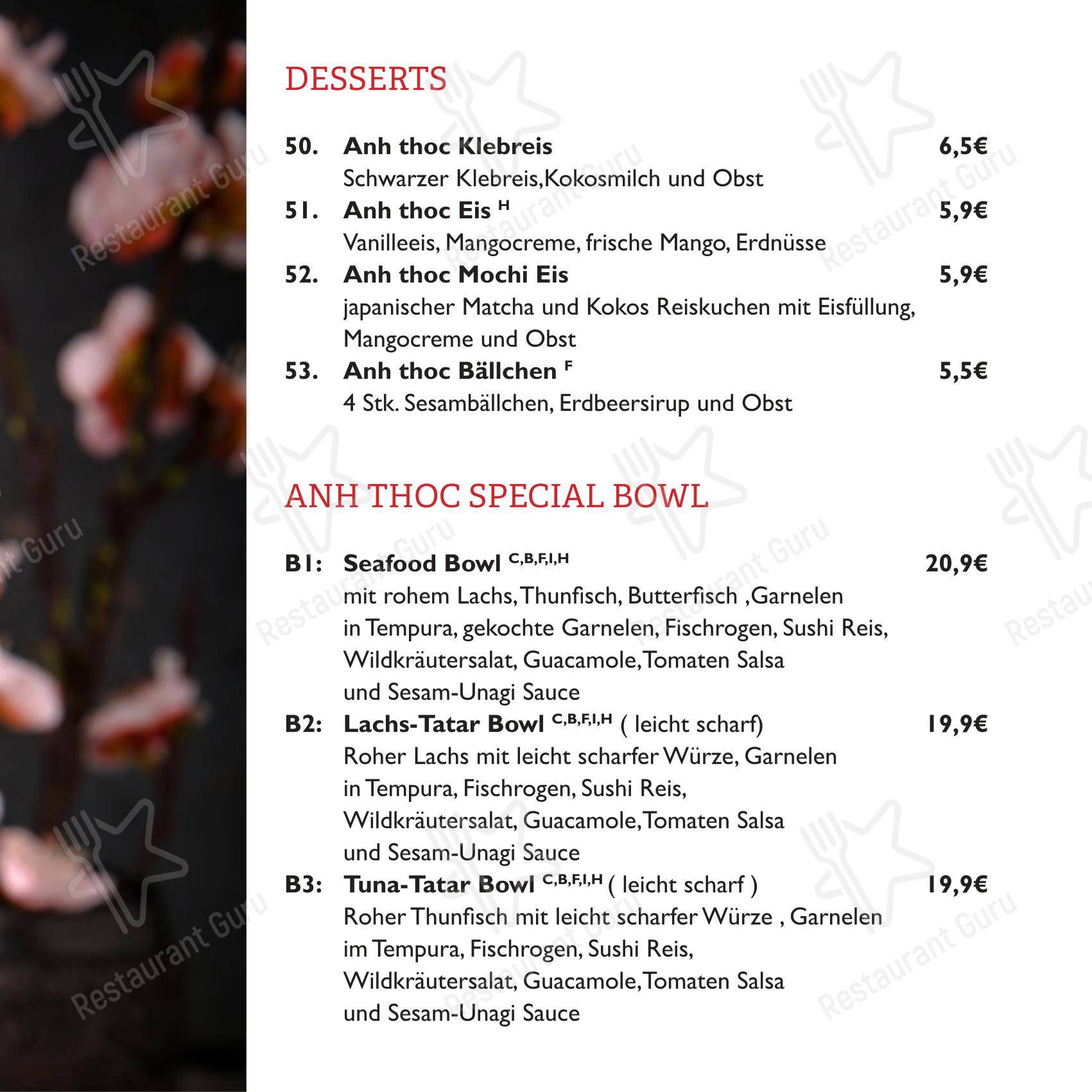 Anh Thoc Restaurant в Радеформвальде - Меню