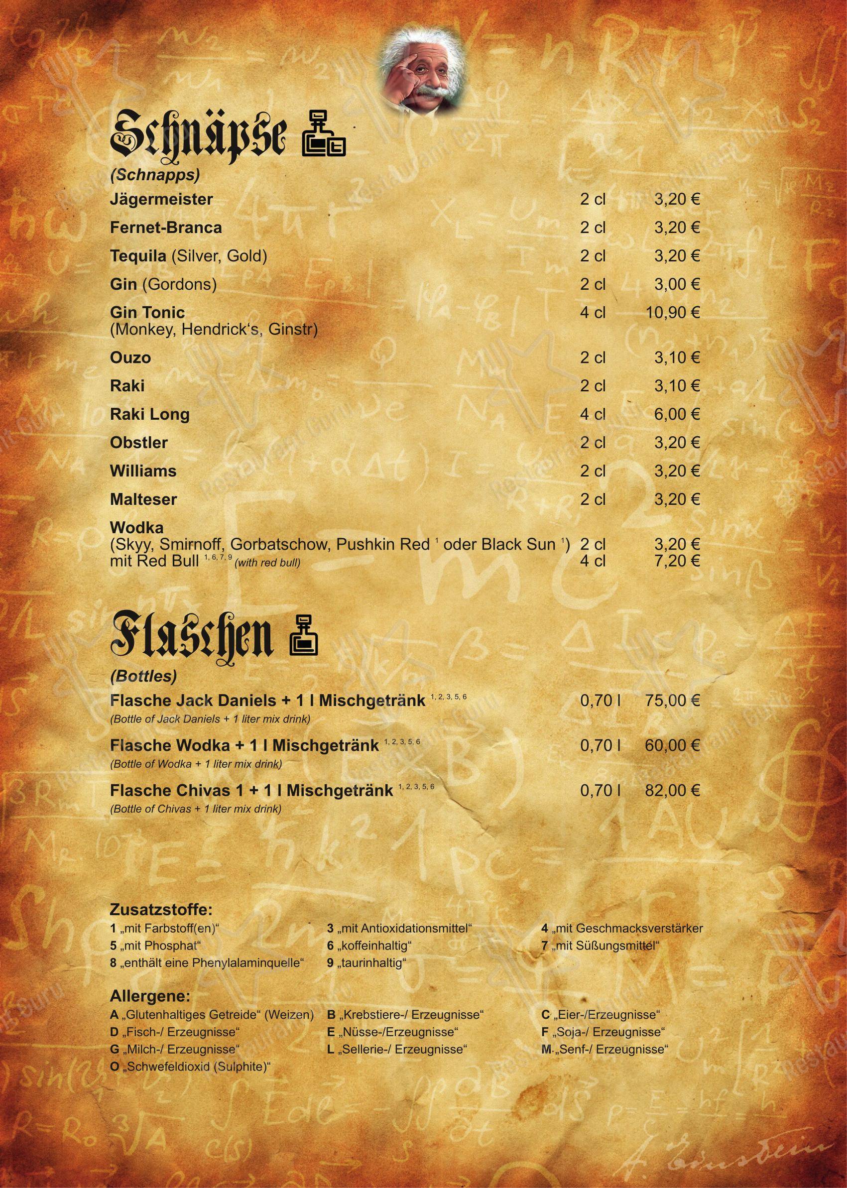 Меню ресторана Cafe Einstein в Штутгарте