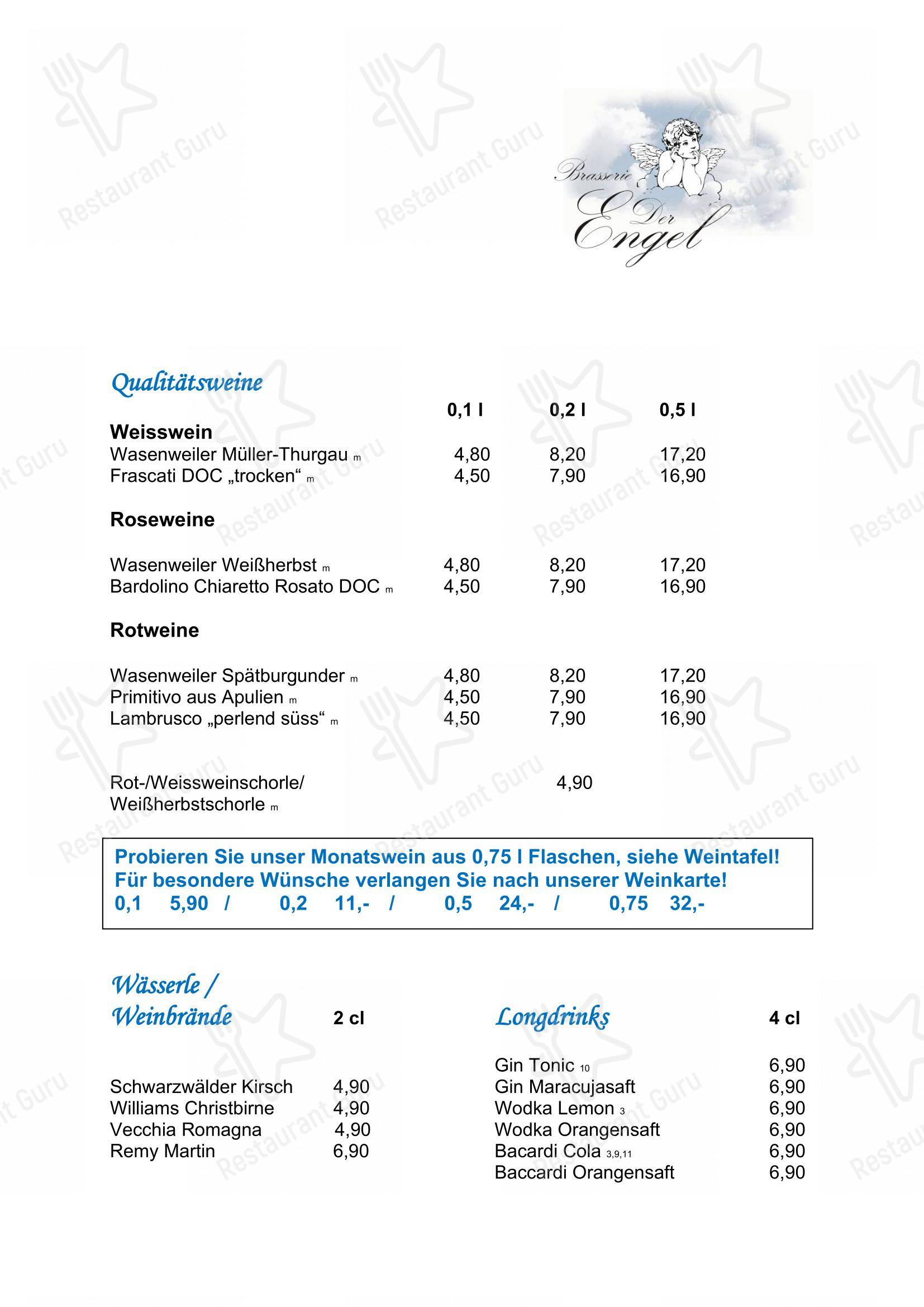 Меню напитков ресторана Der Engel в Кюссаберге