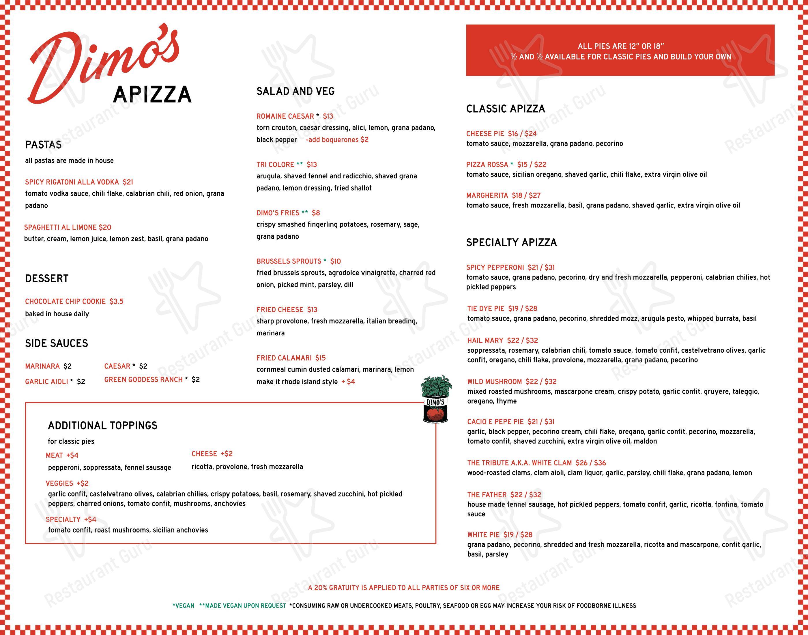 菜单 пиццерии Dimo’s Apizza в Портленде