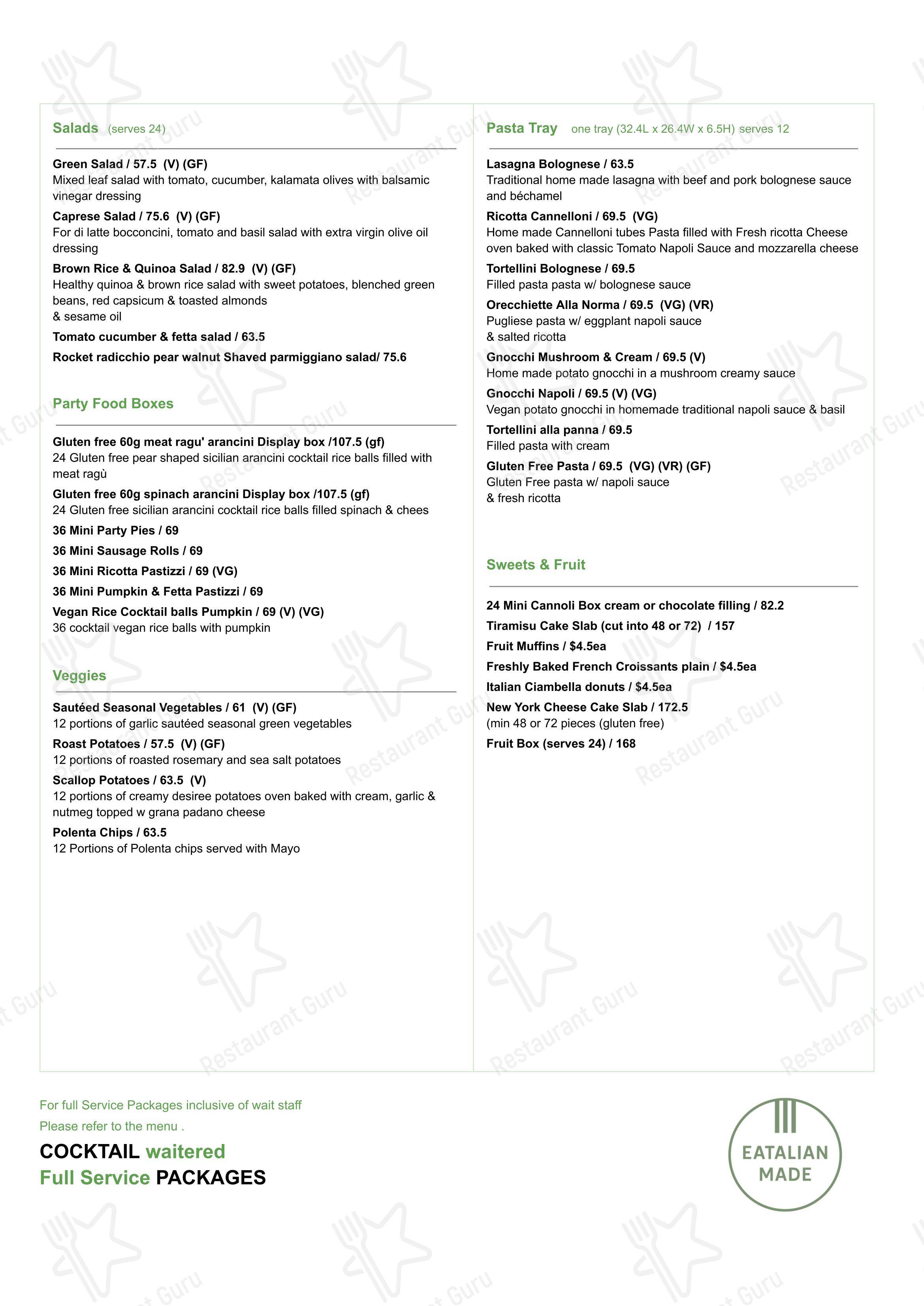 Меню ресторана Eatalian Made - Меню