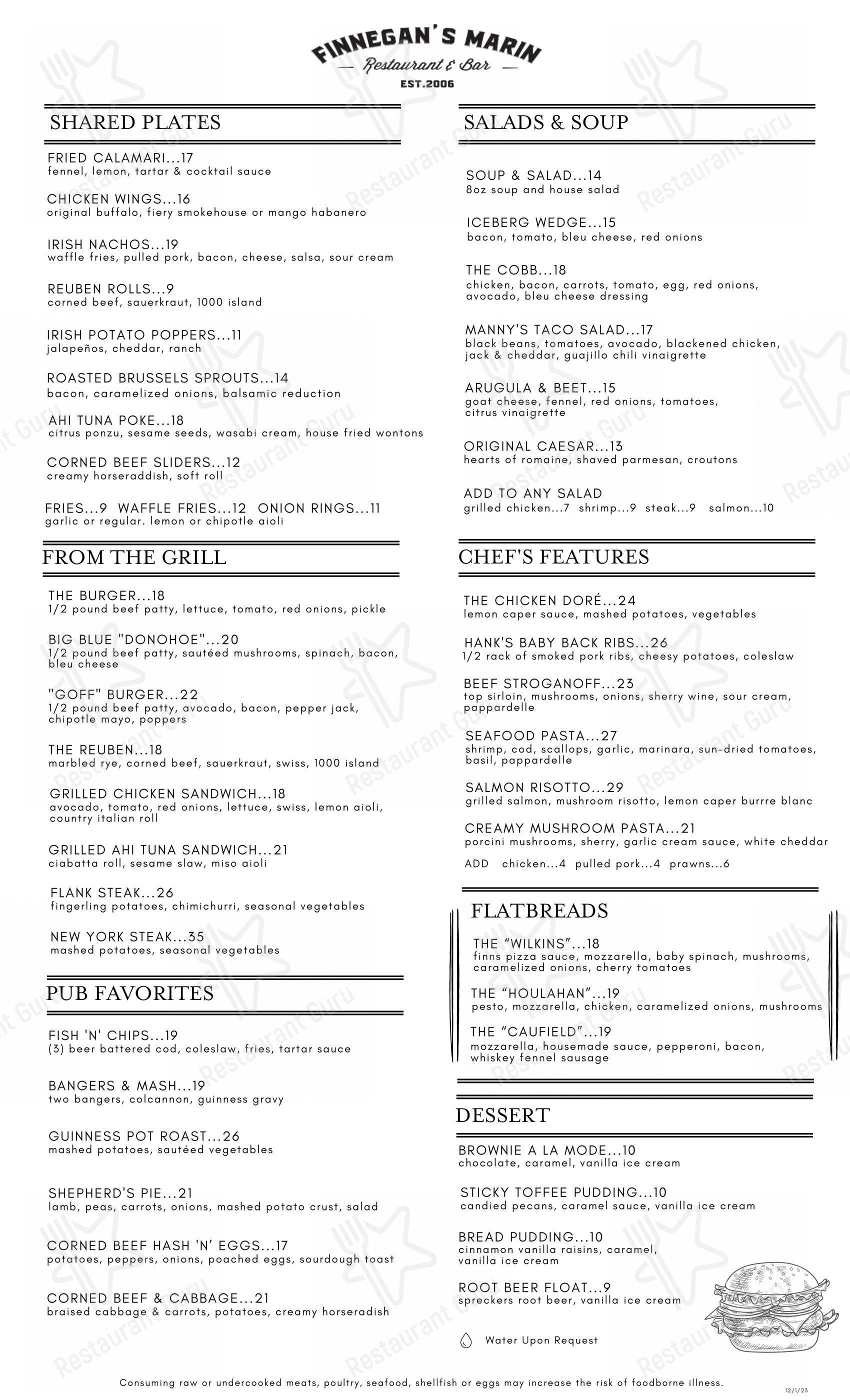 Finnegan's Marin Restaurant & Bar в Новато - Меню