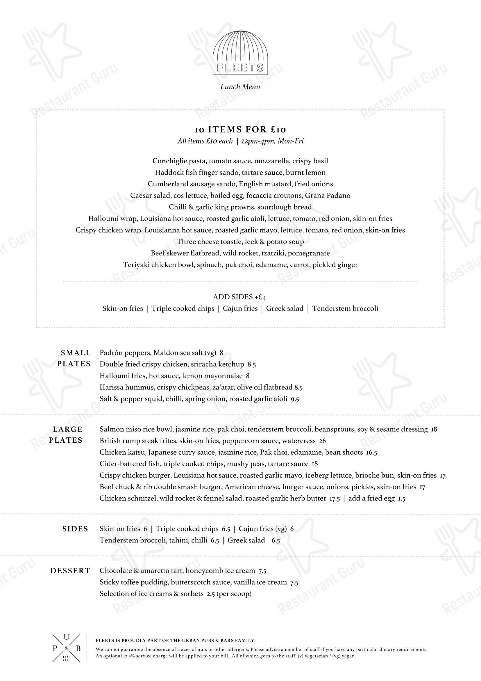 Dinner Menu паба и бара Fleets Bar & Kitchen в Лондоне