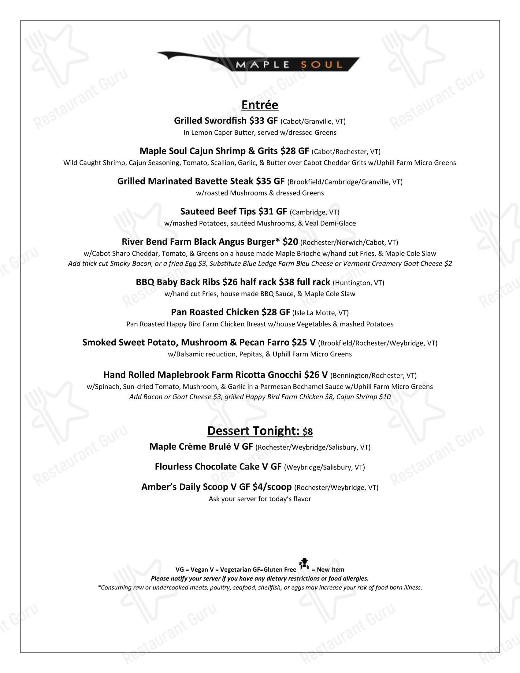 Maple Soul в Рочестере - Dinner Menu