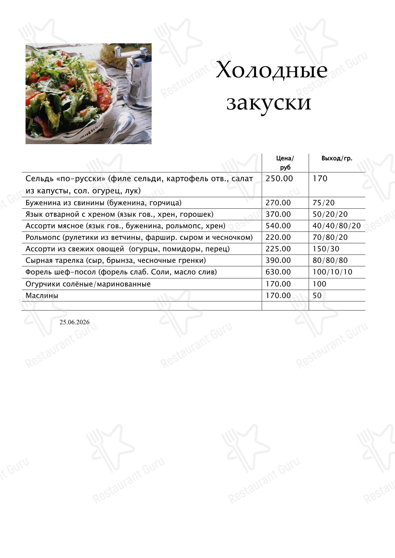 Меню кафе На всю Ивановскую - Ночное меню
