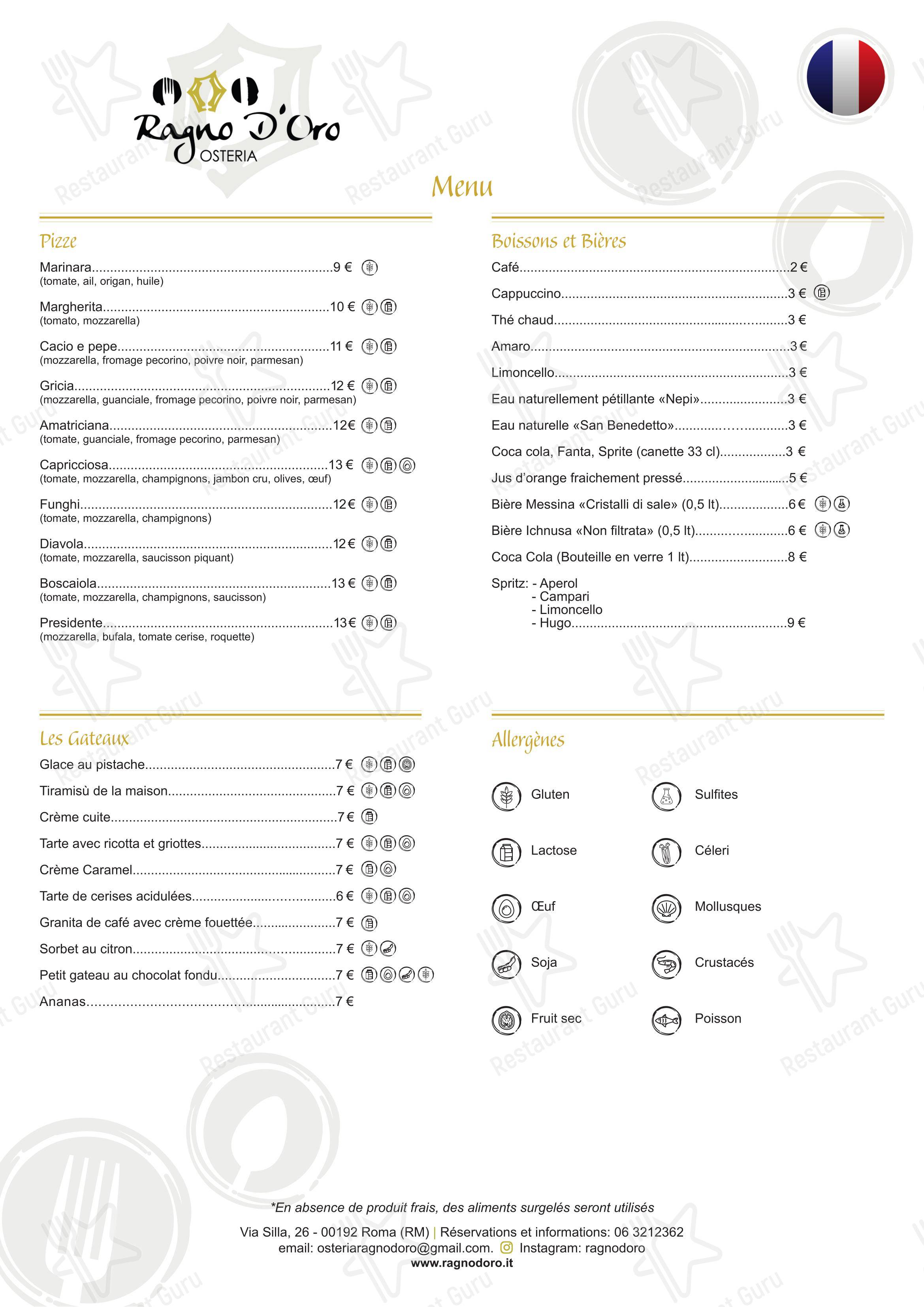 Меню ресторана Osteria Ragno d'oro