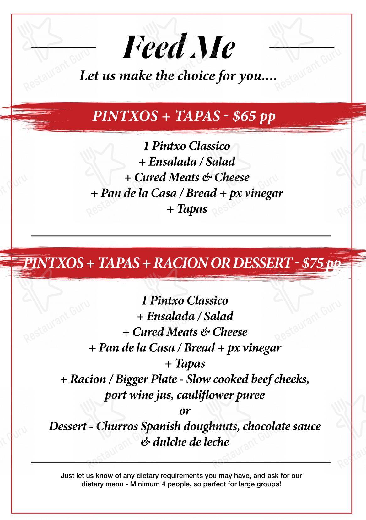 Pinchos Bar De Tapas в Лидервилле - Основное меню