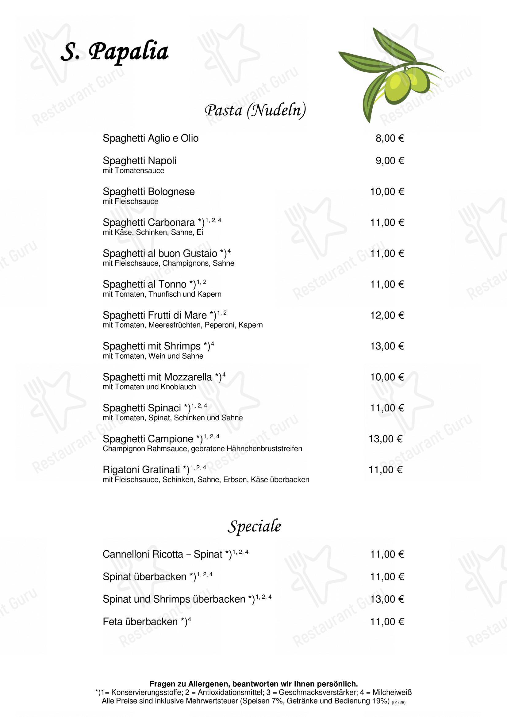 Меню ресторана S. Papalia Ristorante Pizzeria - Меню