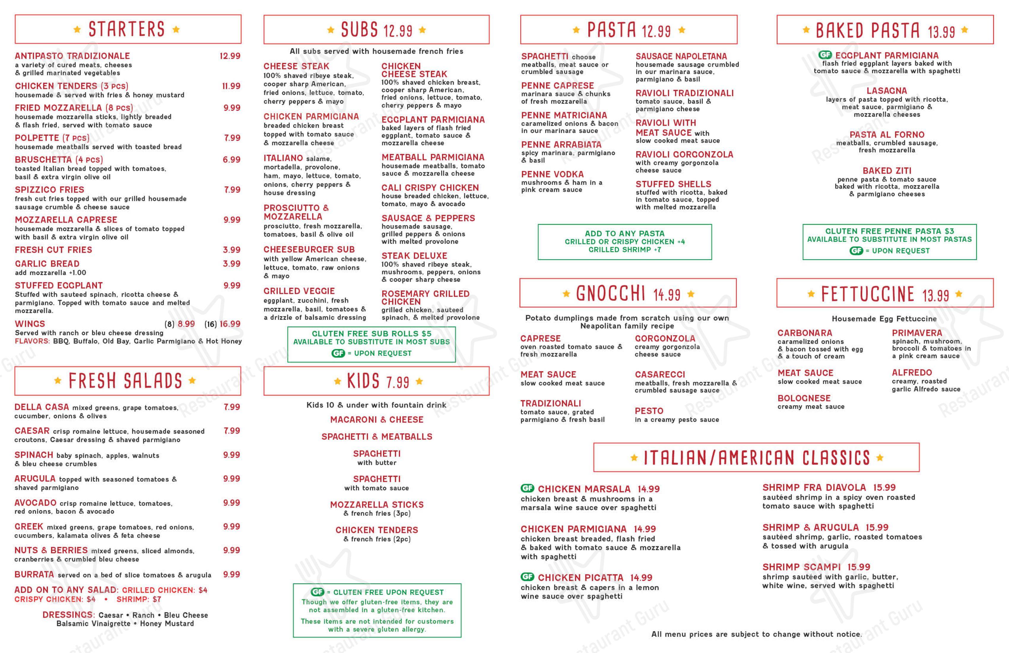 Меню напитков пиццерии Spizzico Italian Kitchen