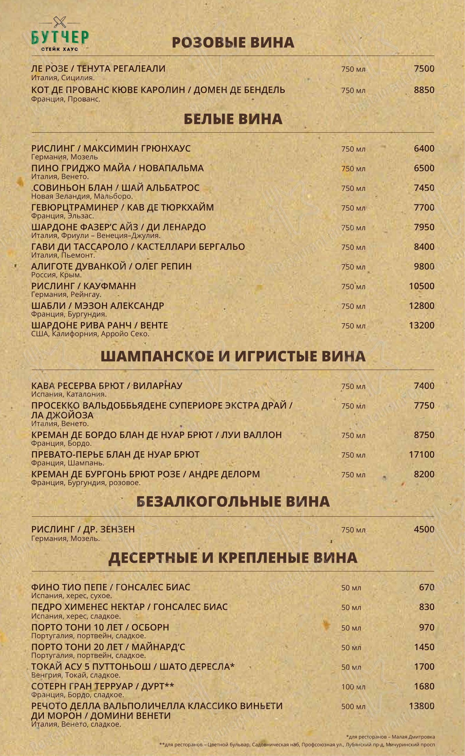 Меню напитков ресторана Стейк Хаус Бутчер в Москве