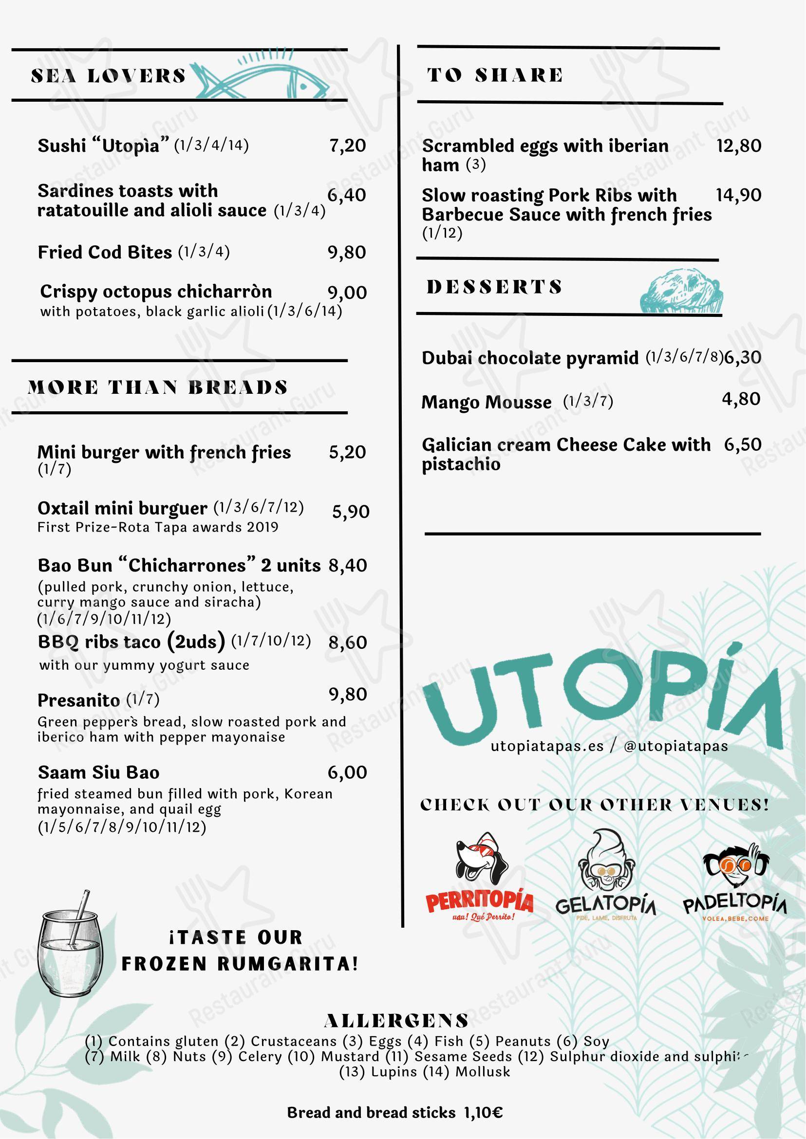 菜单 паба и бара Utopia Tapas Restaurant в Роте