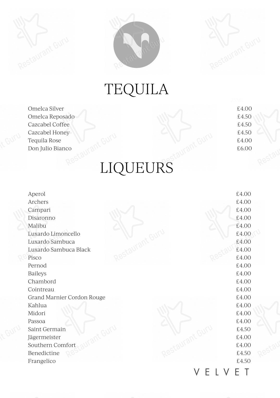 Velvet Hotel, Bar & Brasserie в Манчестере - Основное меню