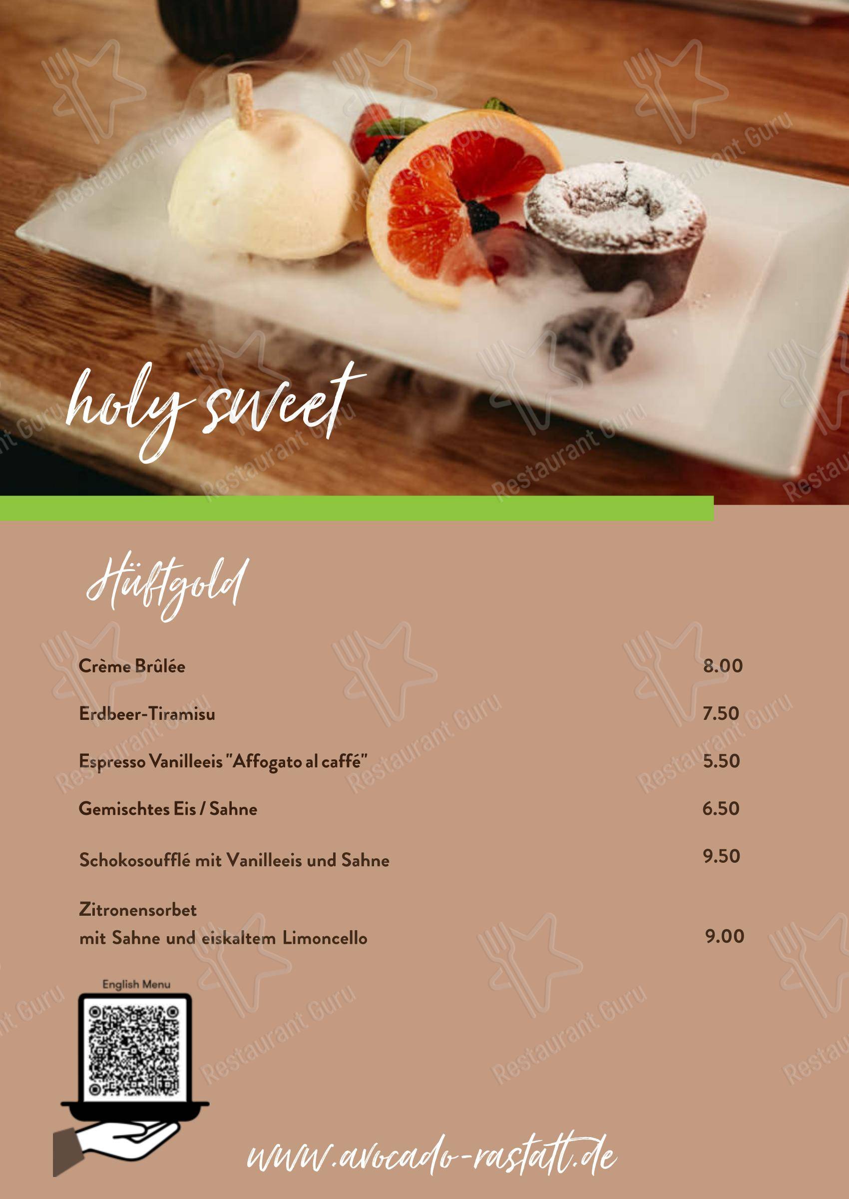 Меню напитков паба и бара avocado restaurant в Раштатте