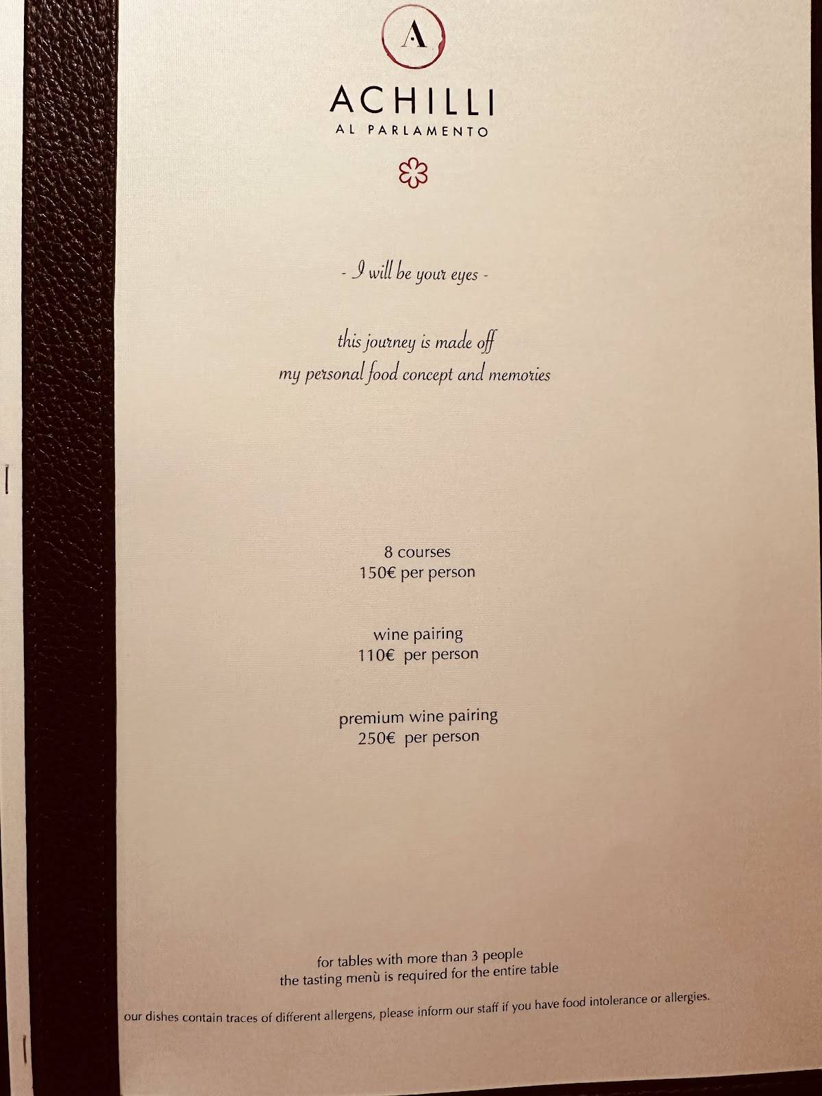 Achilli al Parlamento Ristorante Enoteca меню