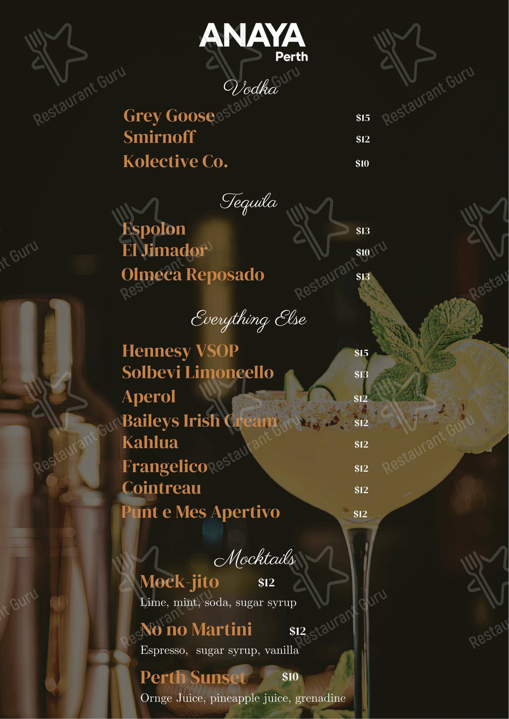 Меню напитков кафе Anaya Perth Bar and Cafe в Перте