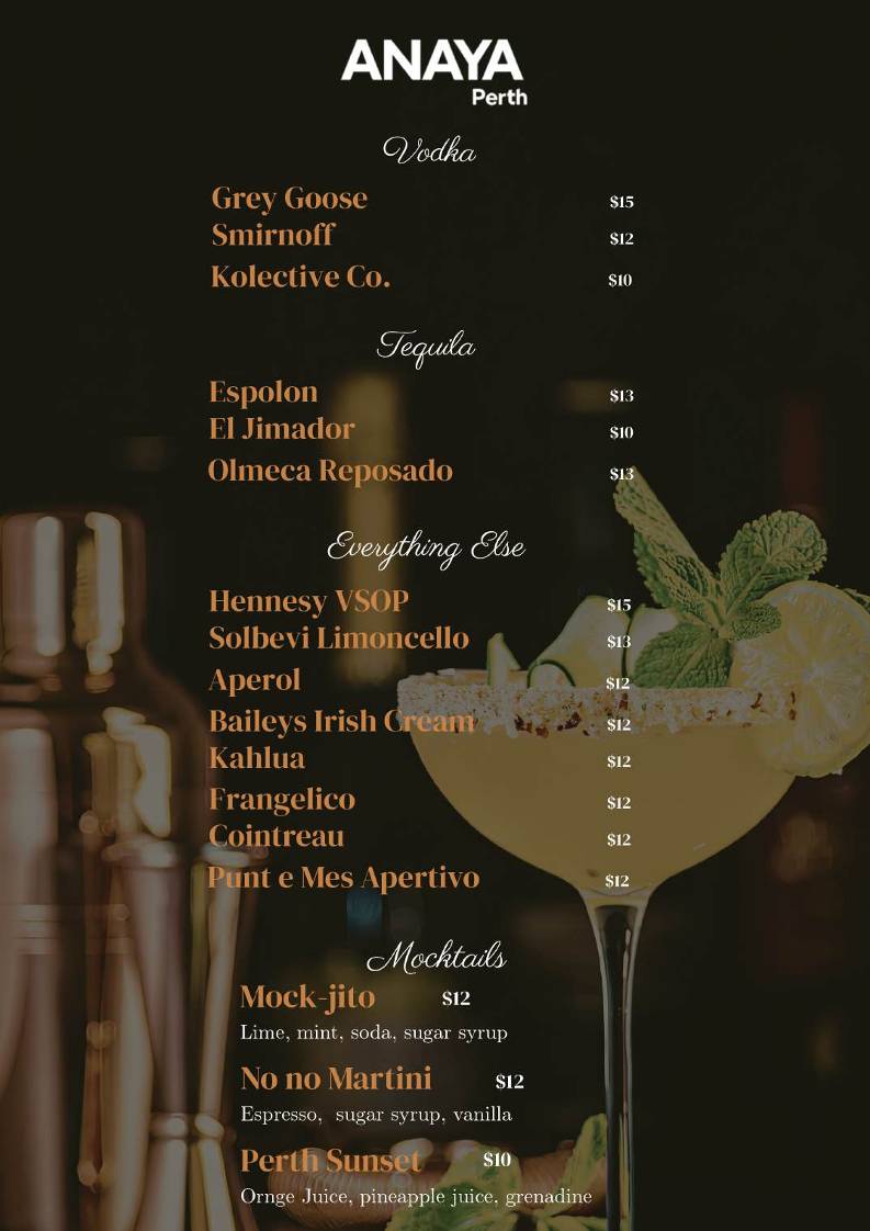 Anaya Perth Bar and Cafe меню