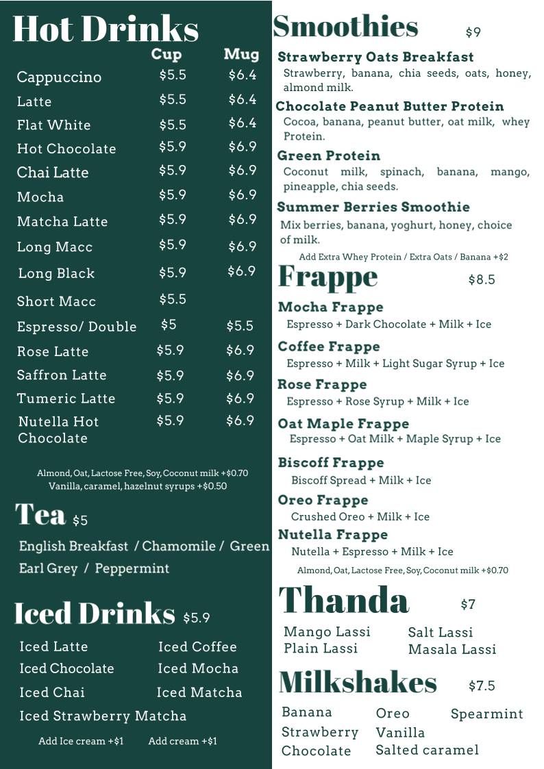Anaya Perth Bar and Cafe меню