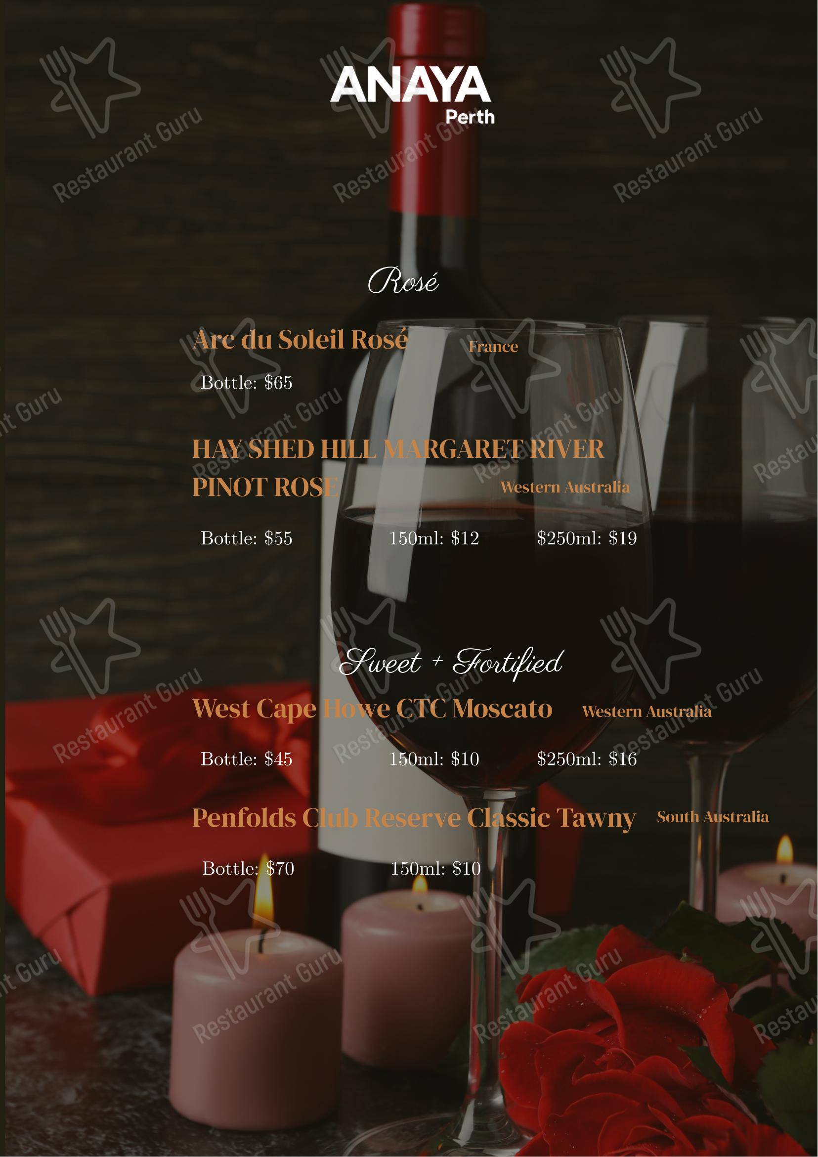Меню напитков кафе Anaya Perth Bar and Cafe