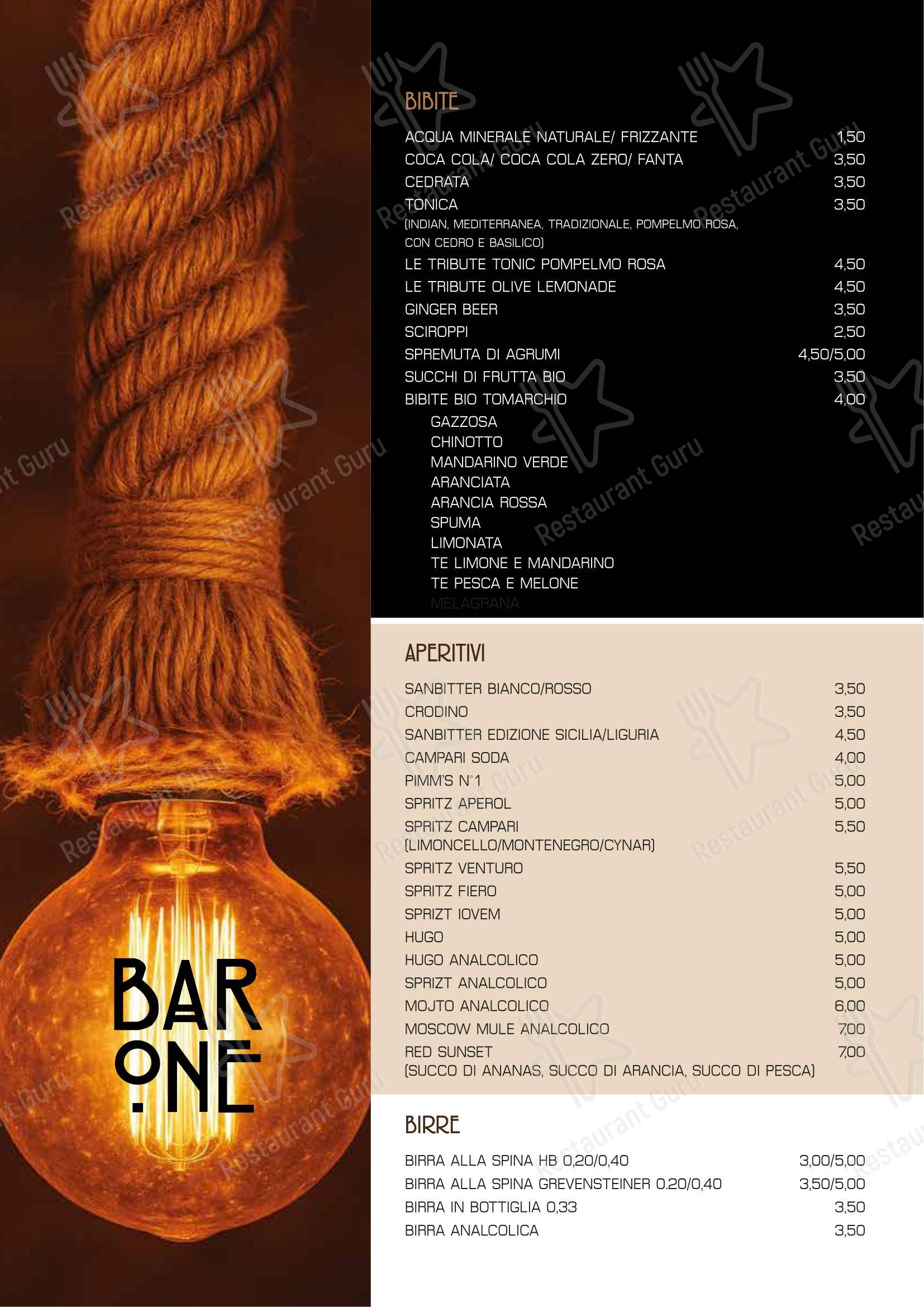 Меню паба и бара Aperitivi / Bar One