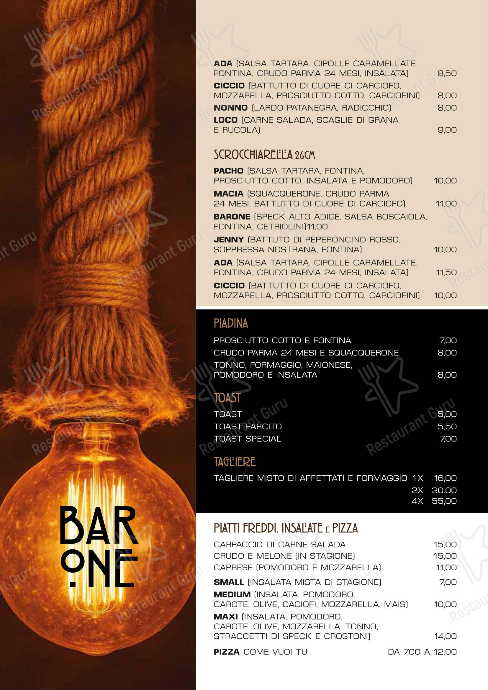 Меню паба и бара Aperitivi / Bar One