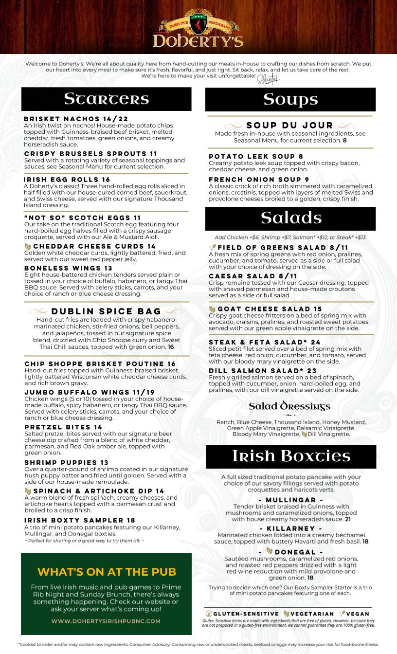 Doherty's Irish Pub & Restaurant меню