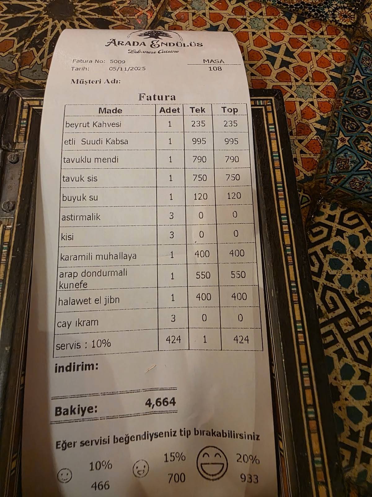Arada Endülüs Breakfast & Lebanese Cuisine меню