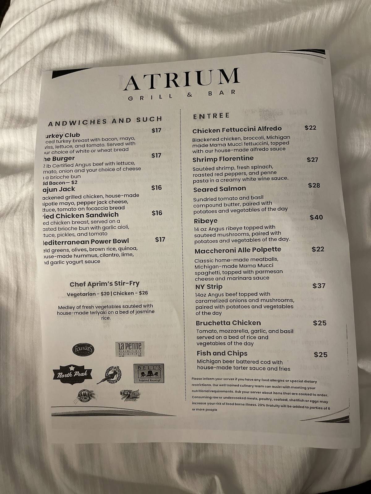 Atrium Grill & Bar меню