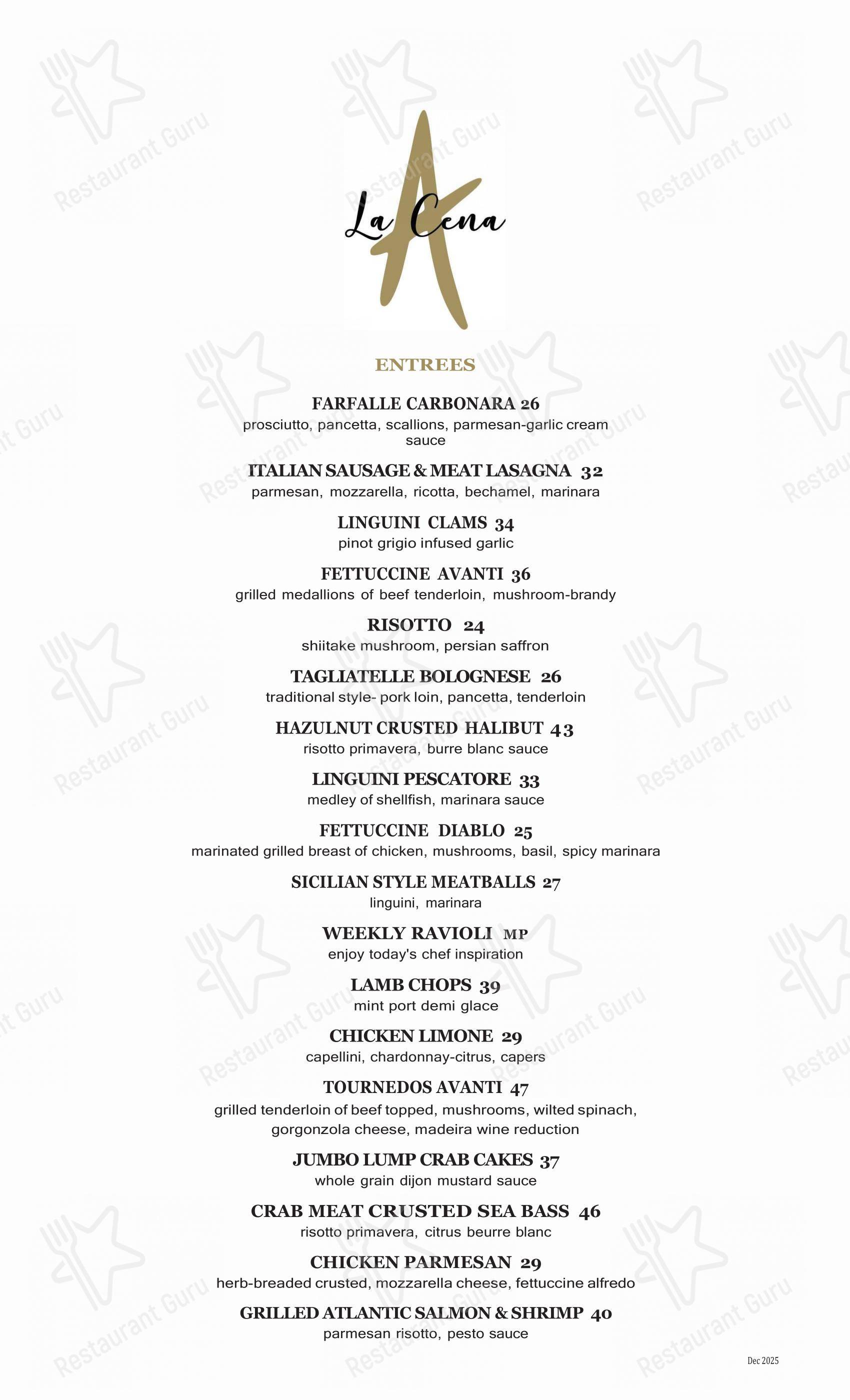 Меню паба и бара Avanti Restaurant