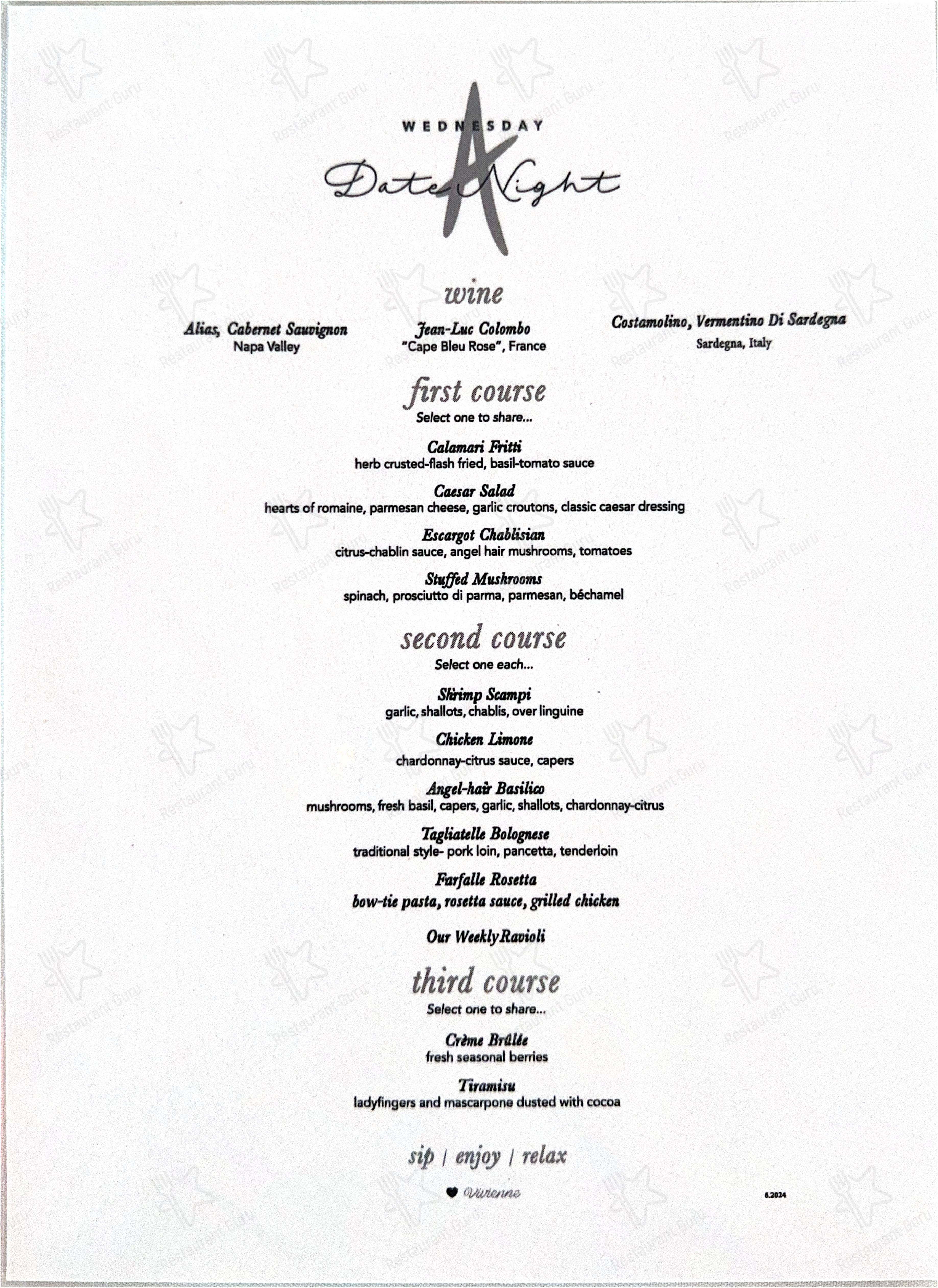 Меню напитков паба и бара Avanti Restaurant