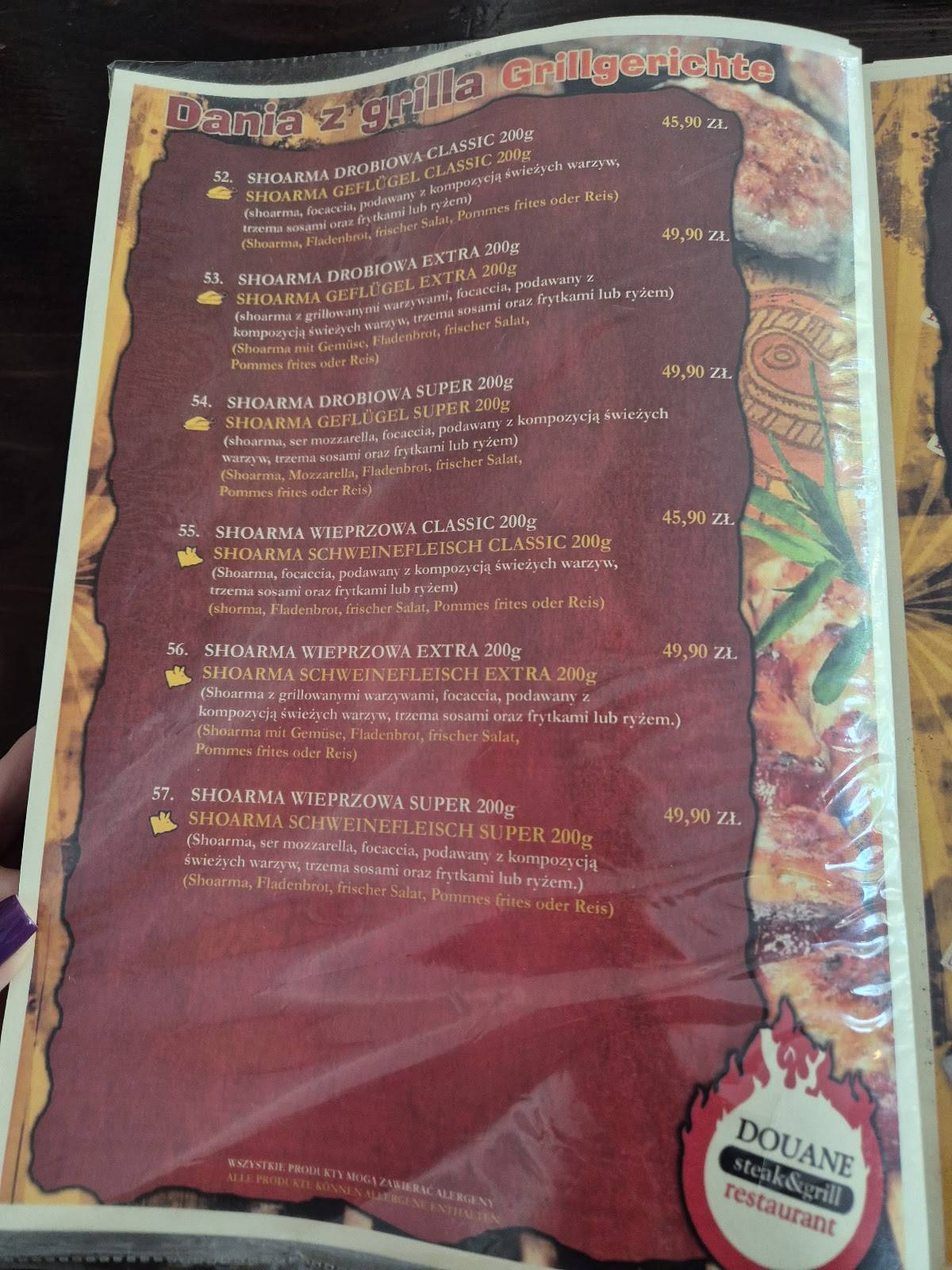 Restauracja Douane меню